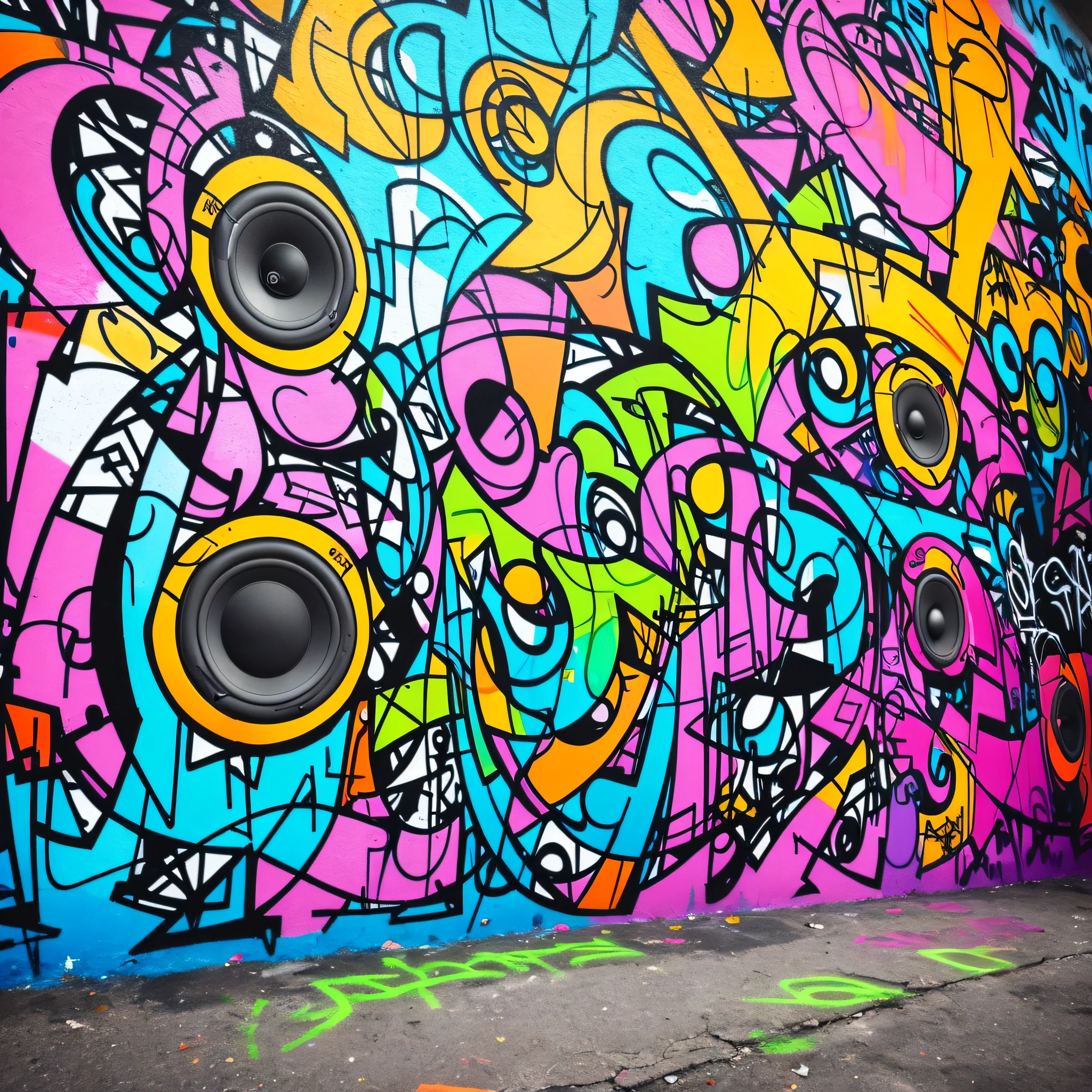 speakers drawn in the graffiti style on a wall --auto --s2