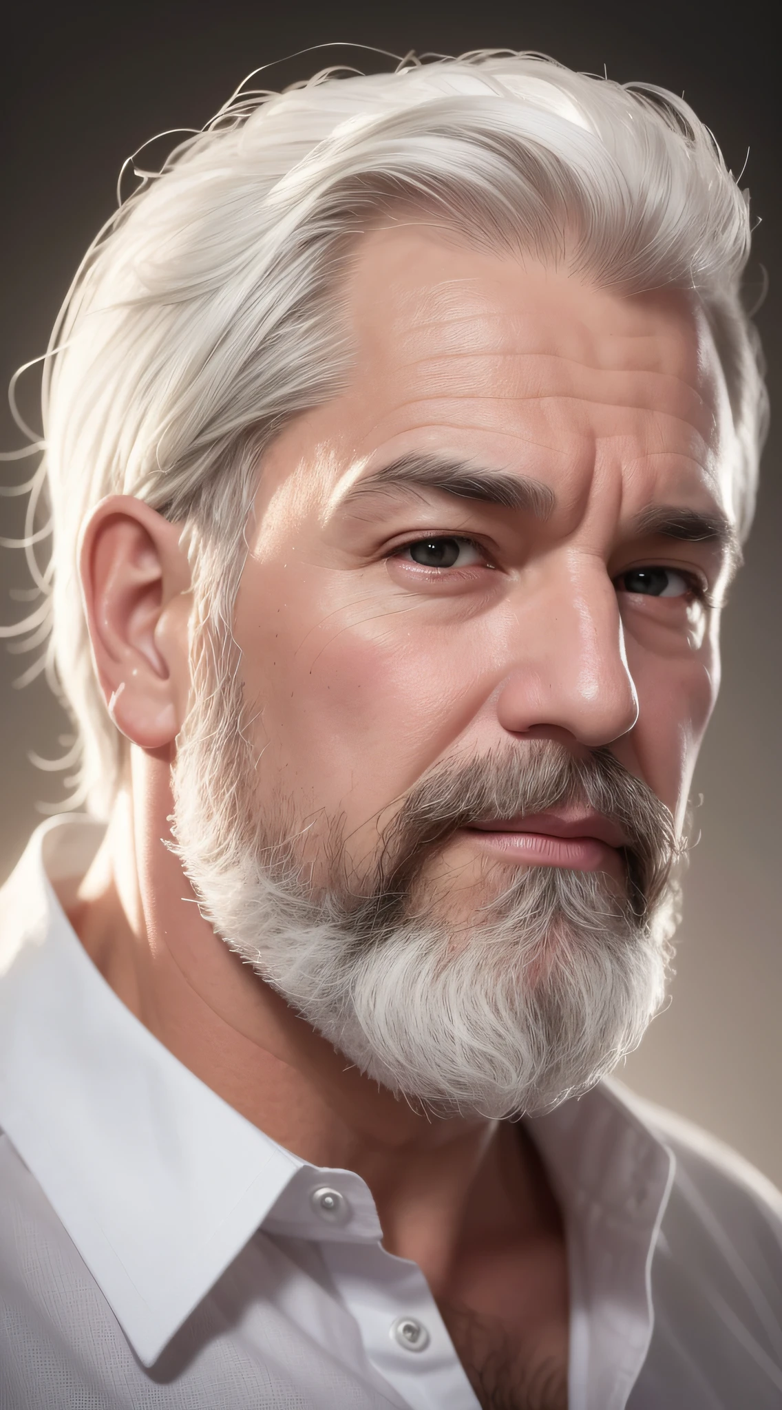 Realistic, (50 year old man), beautiful face (illuminated), white hair, white beard, white tunic, white shirt (linen), (brown eyes), head, (head frame), central image, illuminated environment, illuminated background, look forward