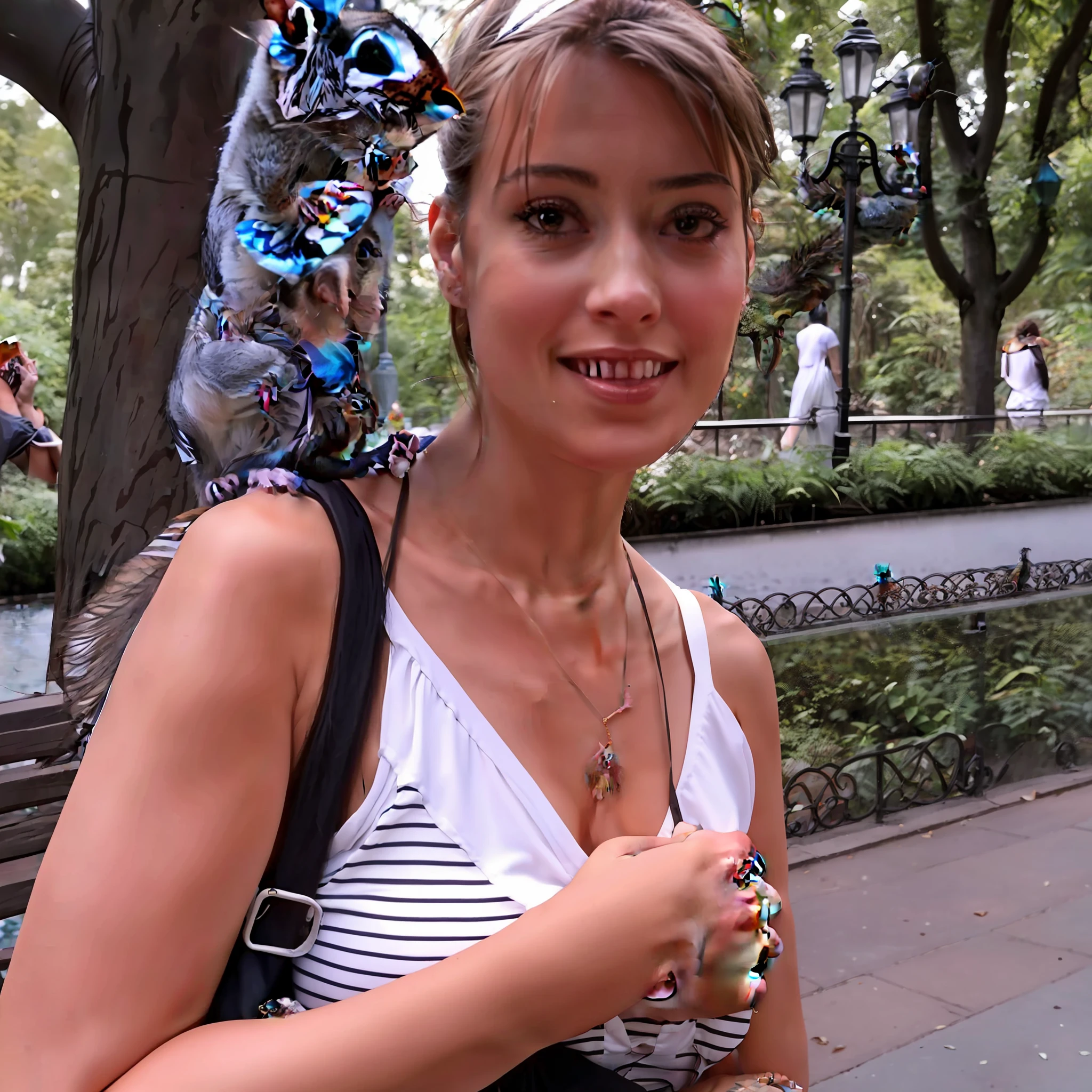 woman with a squirrel on her shoulder, pet rat on shoulder, karolina cummings, beautiful girl, taken in zoo, beautiful lady, over-shoulder shot, gorgeous lady, beth cavener, alana fletcher, aleksandra waliszewska, vacation photo, new york zoo in the background, angelina stroganova, martina fackova, amazing!