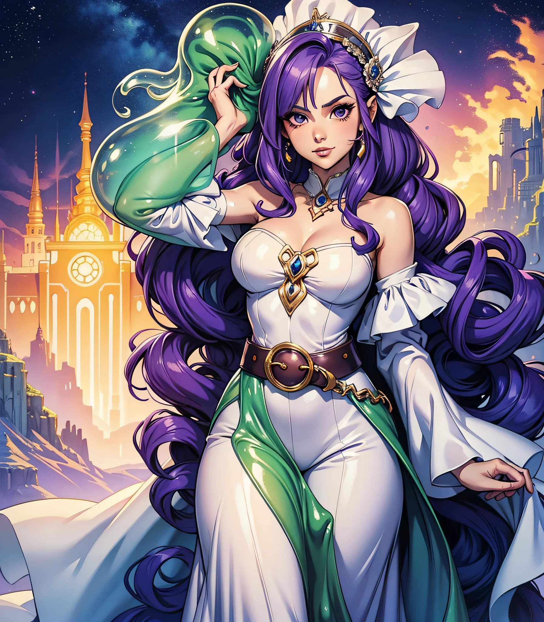 Slime girl, (slime), Slime hair Fallera hairdo style, Purple mountain majesty, fancy white princess dress, pants, belt n blaster, Masterpiece, Best Quality