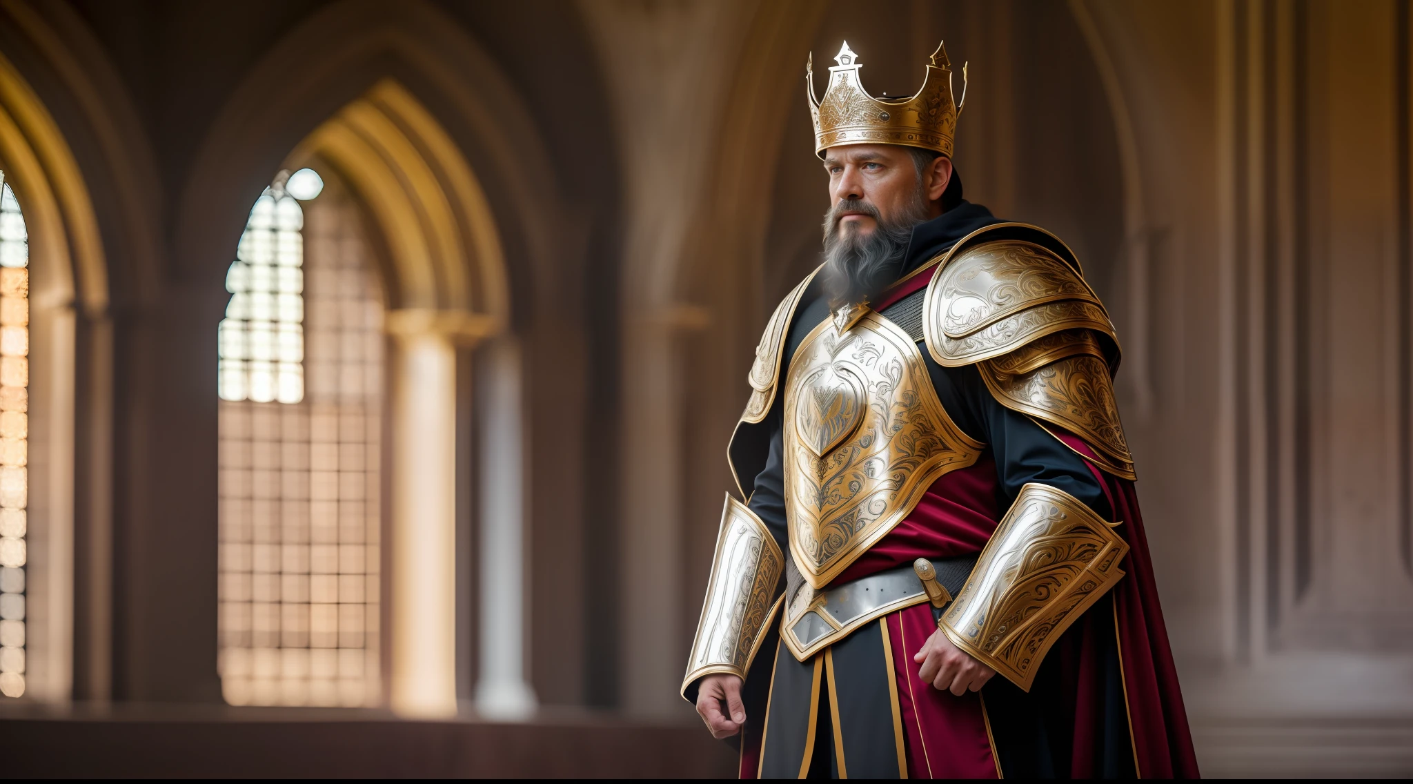 best quality, 500px, cgsociety, 8k, raw photo of (beautiful:1.2) human king, wear king crown, king armor, 40yo, beard, in castle, full body, ambient light, backlight, volumetric lighting, realistic, realistic lighting, cinematic lighting, depth of field, sharp focus, (high contrast:1.2), (film grain)