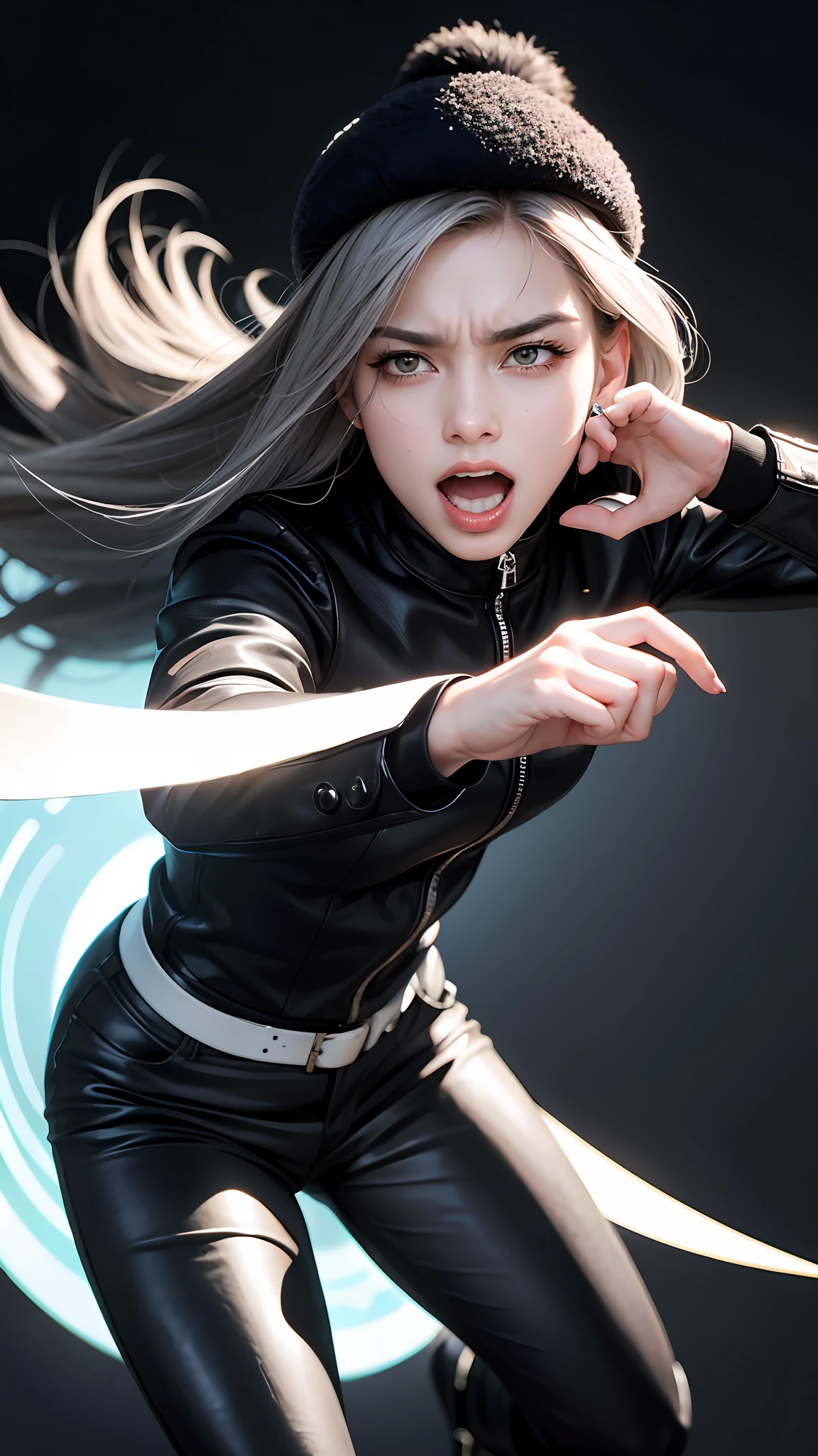Angry young man screaming, angry woman, two people, 1 man, 1 woman, furrowed brows, angry,mad scream, crying, hopeless man with grey hair wearing a long leather coat, running, man wearing a black bonet, man with grey messy long hair, combat boots, in a dynamic pose, fighting, strained facial features, man in combat, sci fi, (8k, RAW photo, photorealistic:1.25) ,( lipgloss, eyelashes, man, gloss-face, glossy skin, dark skin, dark snik, male, best quality, ultra highres, young man, depth of field, chromatic aberration, caustics, Broad lighting, natural shading,Kpop idol) looking at viewer with a serene and god-like happiness, playful alluring smirk