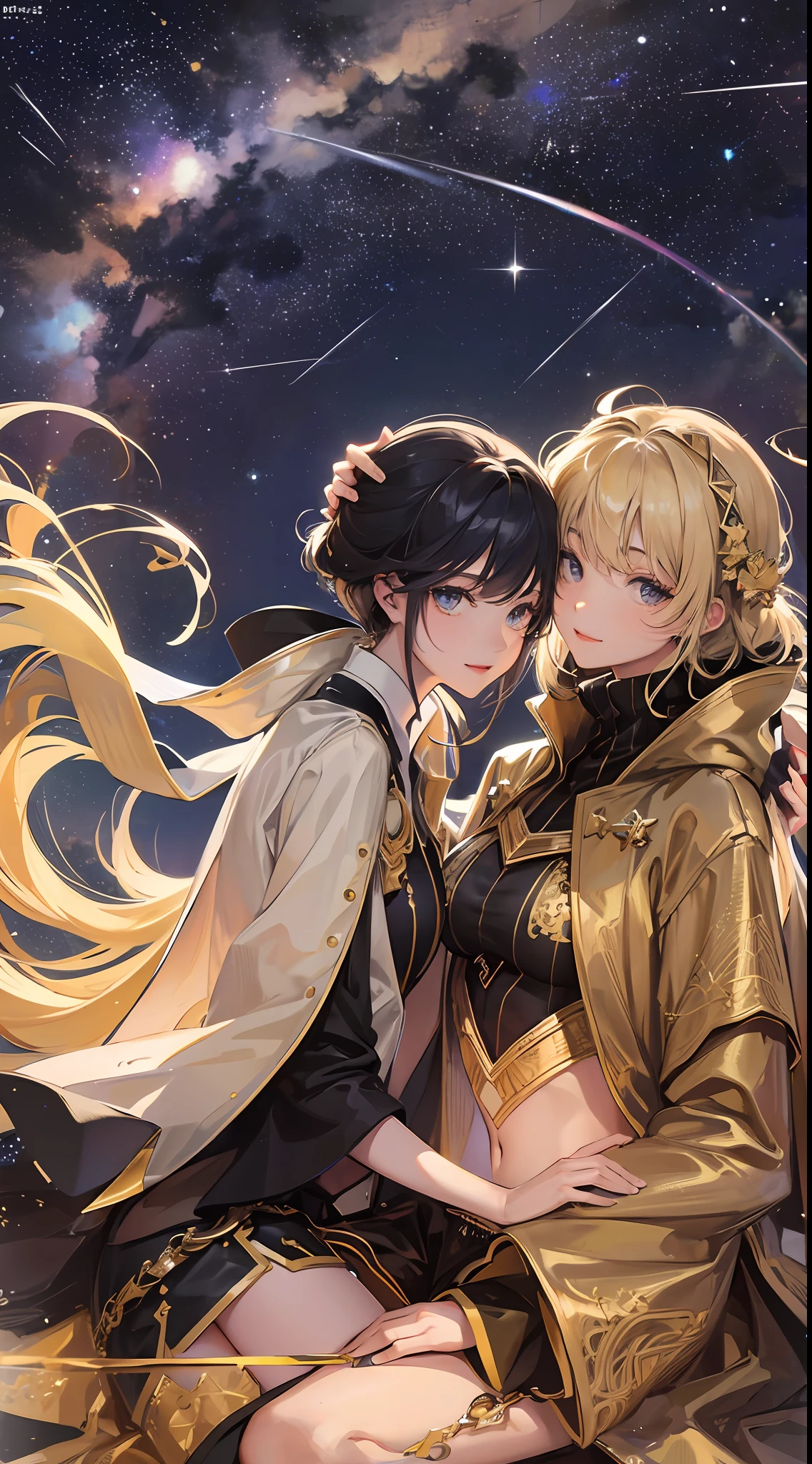 smiling, Meteor shower in a starry sky, a couple sitting together looking at the stars, masterpiece, best quality, intricate detail, absurdres --auto --s2