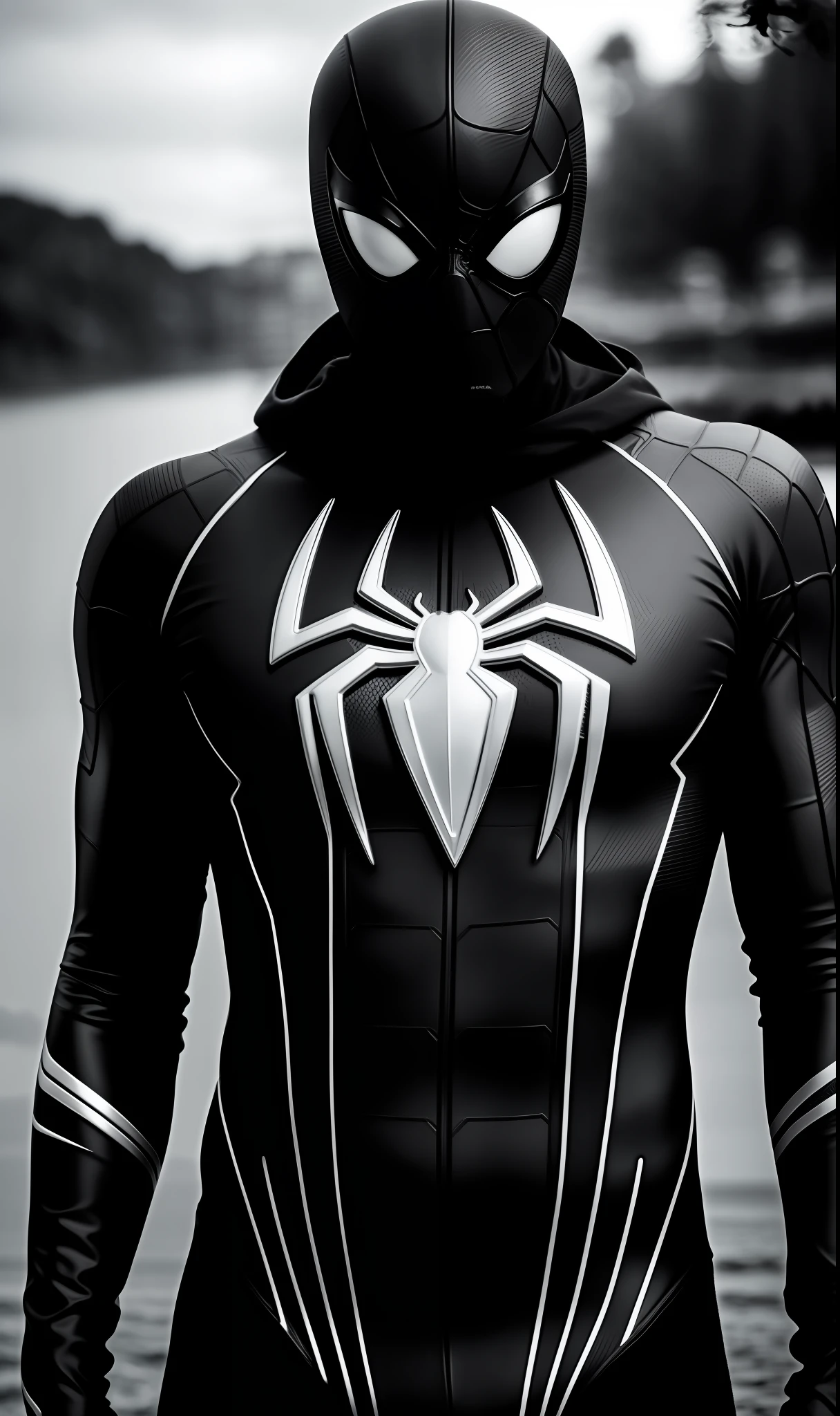 black and white photo of spiderman, black neon silver clothes, face, half body, body, highly detailed skin with futuristic details, skin pores, coastline, dark cloudy weather black rays, wind, waves, 8k uhd, Dslr, soft lighting, high quality, film grain, Fujifilm XT3