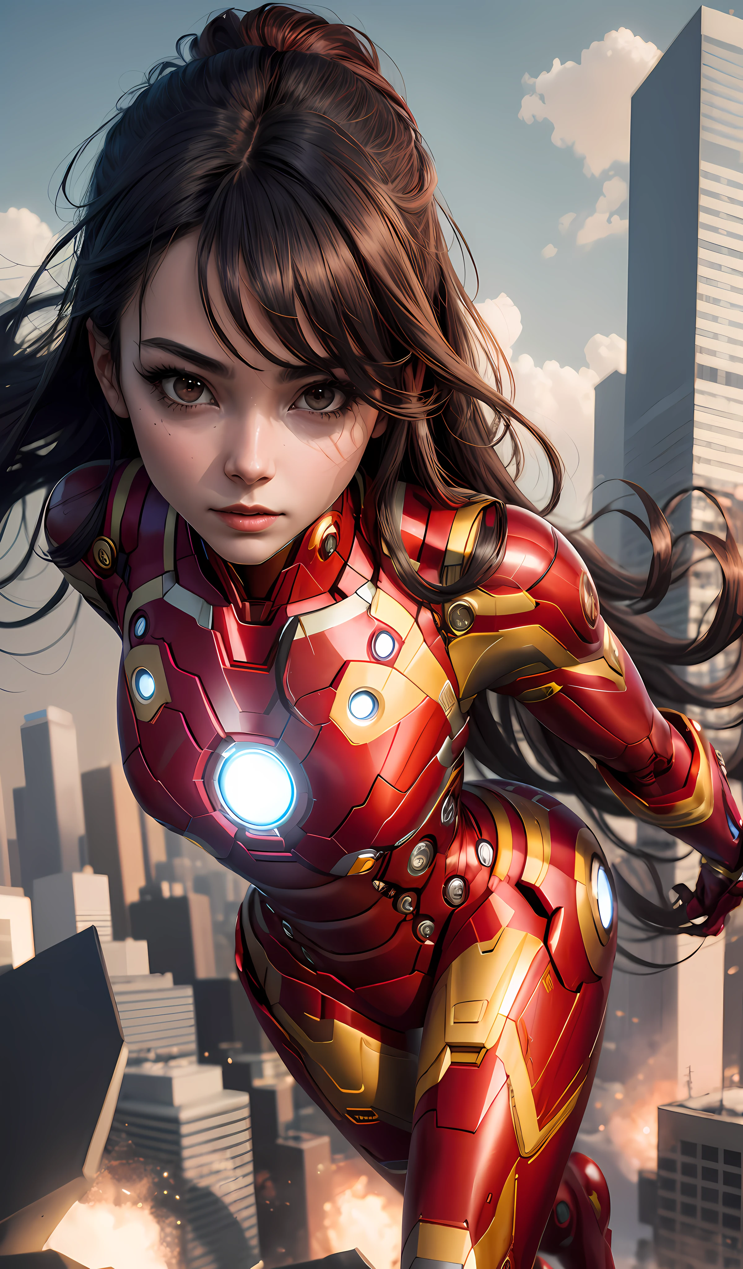 4k, realistic, carismatic, very detail, there is a girl on top sky, wearing iron man costum, she is a iron man, super hero theme, black long hair, 25 years old, full body