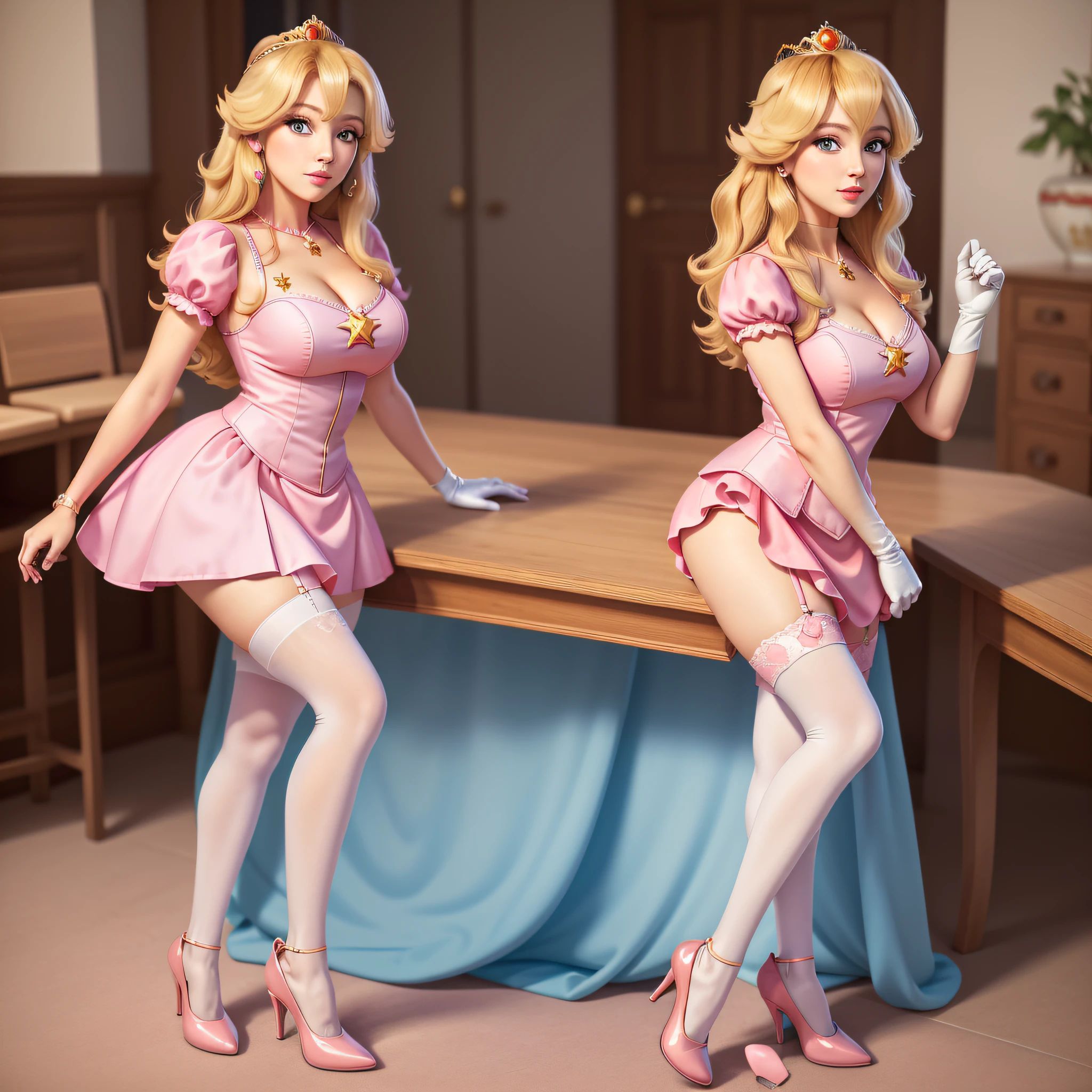 STICKER, (best quality, masterpiece, highres:1.4, solid outline:1.2), absurdres, 1 girl, large breasts, star eye, Princess Peach, blush, (realistic:1.5), blue eyes, short pink tight dress, milf, white arm glove, full body portrait, cowboy shot, no background, looking at viewer, perfect face, detailed face, bangs, perfect body, beautiful eyes, pretty face, bright skin, idol, shoes, cleavage, ass view, sexy stockings, unbutton top, dress open, panties, full body, shoes visible