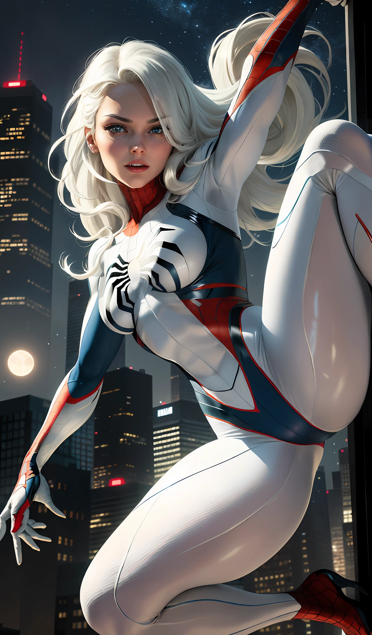(Masterpiece, 4k resolution, ultra-realistic, very detailed), (White superhero theme, charismatic, there's a girl on top of town, wearing Spider-Man costume, she's a superhero), [ ((25 years), (long white hair:1.2), full body, (blue eyes:1.2), ((Spider-Man pose),show of strength, jumping from one building to another), ((sandy urban environment):0.8)| (cityscape, at night, dynamic lights), (full moon))] # Explanation: The Prompt mainly describes a 4K painting of ultra-high definition, very realistic, very detailed. It shows a superheroine at the top of the city, wearing a Spider-Man costume. The theme in the painting is a white superhero theme, the female protagonist has long white hair, is 25 years old and her entire body is shown in the painting. In terms of portraying the actions of superheroines, spiders are employed