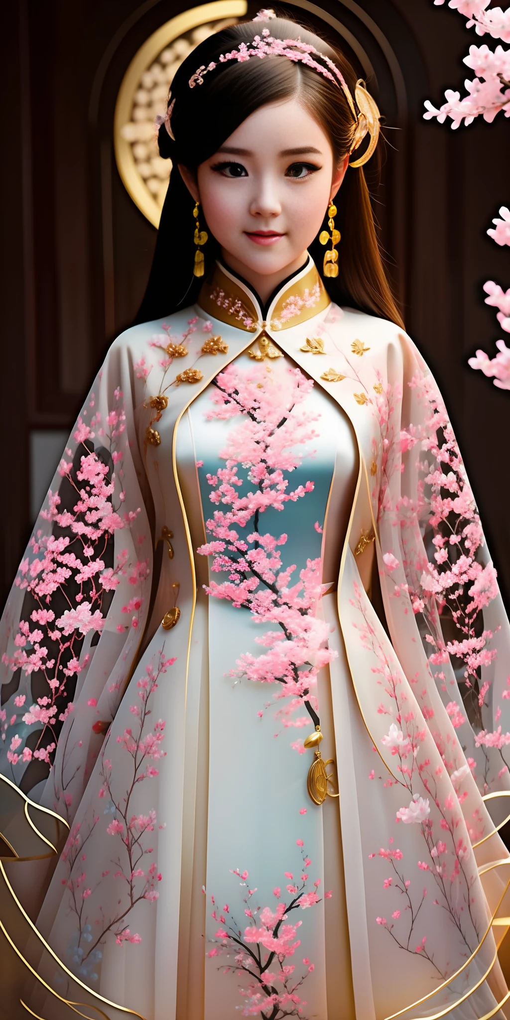 full body,perfect 10,perfect female body with small breasts, european (kpop idol) rapunzel girl with long hair to the floor who walks along the alley with cherry blossoms on a sunny day,the girl is wearing a shot qipao dress with sexy cutouts on the sides at the bottom,patterns on a bright blue dress in the form of pink sakura inflorescences and the edges of the dress are decorated with a gold ribbon, the girl’s legs are dressed in black stockings with suspenders to the middle of the thighs in a mesh, on her legs are beautiful graceful blue stilettos with pink bows on her ankles, the girl’s mood is playful flirting and smiling while looking into the camera, the eyes of the girl are bright blue with large and long eyelashes with the shape of the eyes slanting like a cat, the best facial features with ideal proportions, the face is oval, the shooting angle is slightly lower, high definition, clear focus, epic realistic style, photorealism, backlight sunny highlights the contours of the girl drawing a light outline, front light is soft, soft shadows, depth of field, beautiful bokeh, glare and lens flare, style like jerry gionis, golden ratio, monocle photo lens, monocle style image, optical resolution of the photo matrix 100 megapixels with detailed detail. --auto --s2