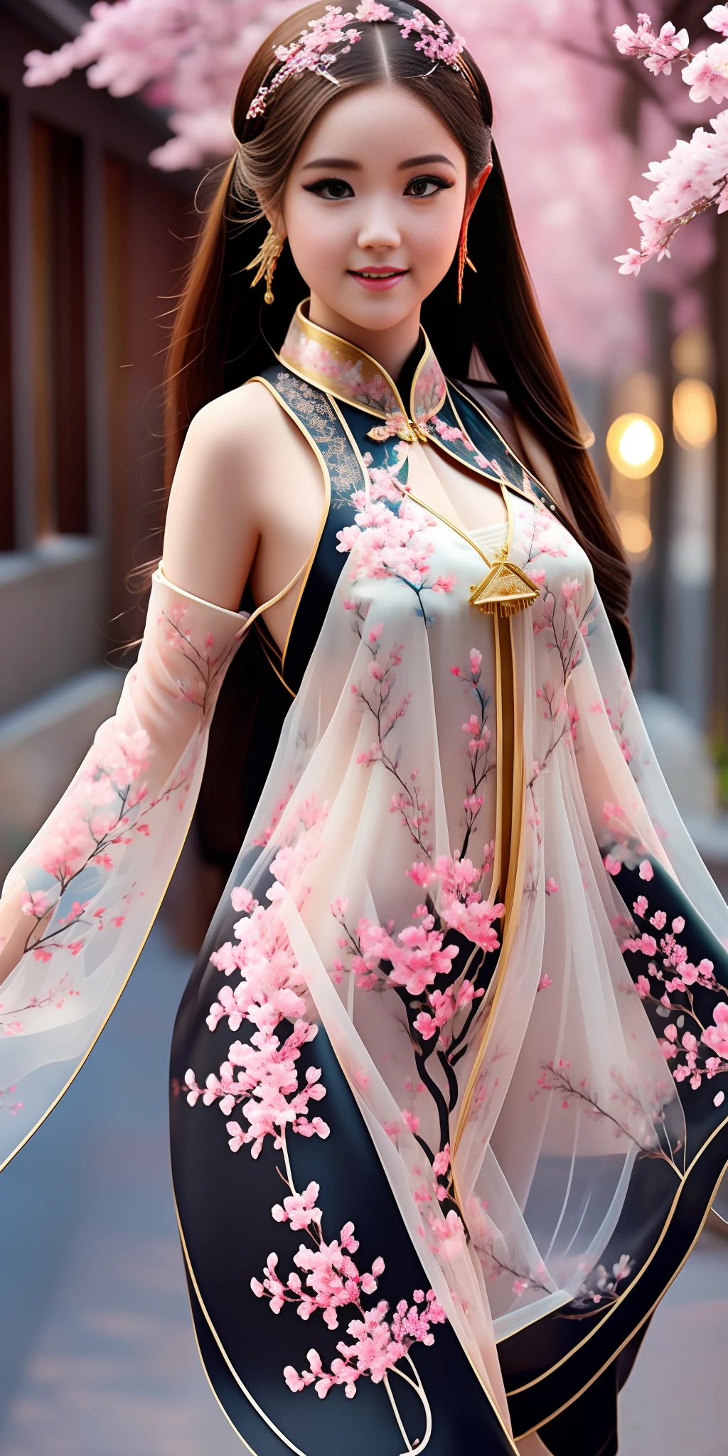 full body,perfect 10,perfect female body with small breasts, european (kpop idol) rapunzel girl with long hair to the floor who walks along the alley with cherry blossoms on a sunny day,the girl is wearing a shot qipao dress with sexy cutouts on the sides at the bottom,patterns  on a bright blue dress in the form of pink sakura inflorescences and the edges of the dress are decorated with a gold ribbon, the girl’s legs are dressed in black stockings with suspenders to the middle of the thighs in a mesh, on her legs are beautiful graceful blue stilettos with pink bows on her ankles, the girl’s mood is playful flirting and smiling while looking  into the camera, the eyes of the girl are bright blue with large and long eyelashes with the shape of the eyes slanting like a cat, the best facial features with ideal proportions, the face is oval, the shooting angle is slightly lower, high definition, clear focus, epic realistic style, photorealism, backlight  sunny highlights the contours of the girl drawing a light outline, front light is soft, soft shadows, depth of field, beautiful bokeh, glare and lens flare, style like jerry gionis, golden ratio, monocle photo lens, monocle style image, optical resolution of the photo matrix 100 megapixels with  detailed detail. --auto --s2