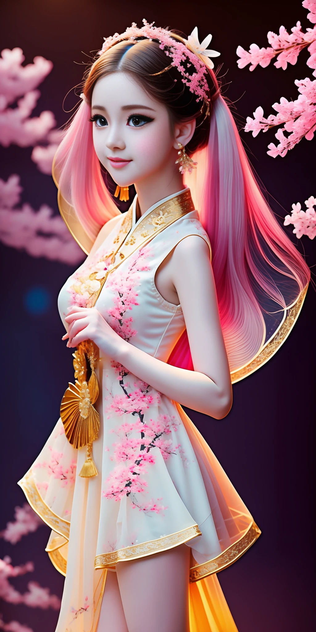 full body,perfect 10,perfect female body with small breasts, european (kpop idol) rapunzel girl with long hair to the floor who walks along the alley with cherry blossoms on a sunny day,the girl is wearing a shot qipao dress with sexy cutouts on the sides at the bottom,patterns  on a bright blue dress in the form of pink sakura inflorescences and the edges of the dress are decorated with a gold ribbon, the girl’s legs are dressed in black stockings with suspenders to the middle of the thighs in a mesh, on her legs are beautiful graceful blue stilettos with pink bows on her ankles, the girl’s mood is playful flirting and smiling while looking  into the camera, the eyes of the girl are bright blue with large and long eyelashes with the shape of the eyes slanting like a cat, the best facial features with ideal proportions, the face is oval, the shooting angle is slightly lower, high definition, clear focus, epic realistic style, photorealism, backlight  sunny highlights the contours of the girl drawing a light outline, front light is soft, soft shadows, depth of field, beautiful bokeh, glare and lens flare, style like jerry gionis, golden ratio, monocle photo lens, monocle style image, optical resolution of the photo matrix 100 megapixels with  detailed detail. --auto --s2