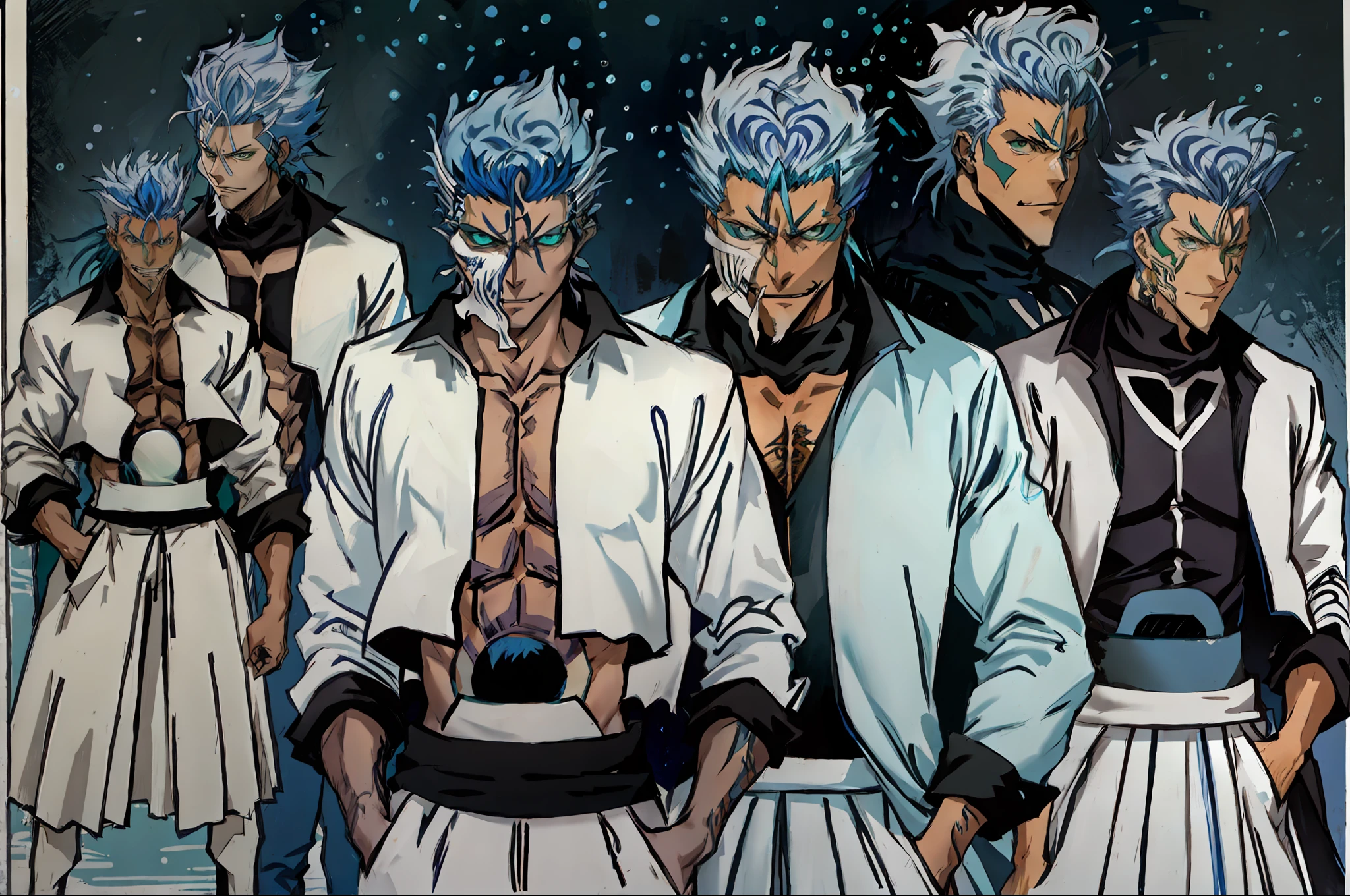 masterpiece, best quality, ((1man)),blue hair,green eyes,serious expression, smiling,full body,line art,medium hair,white blazer,black t-shirt,expressionless eyes,((Tite Kubo style))(grimmjow cosplay clothes)