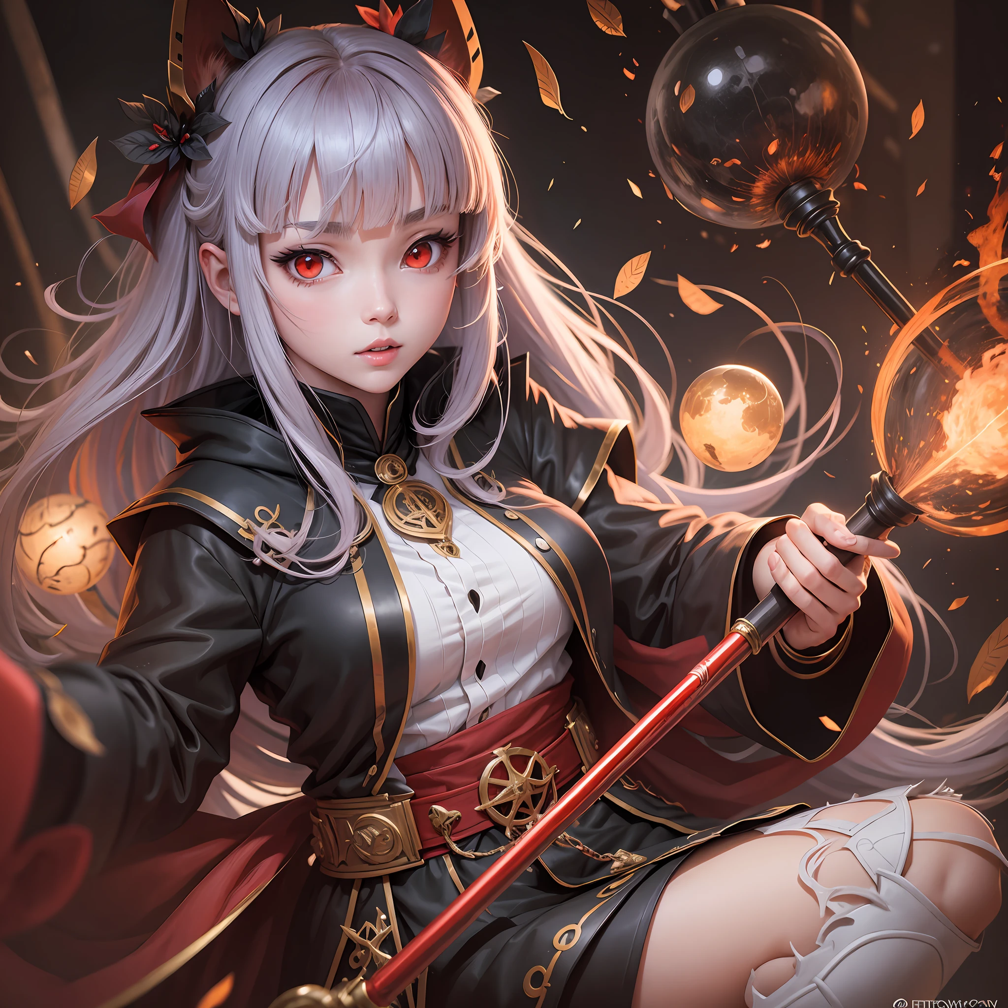 an anime character with bangs and red eyes holding a staff --auto --s2