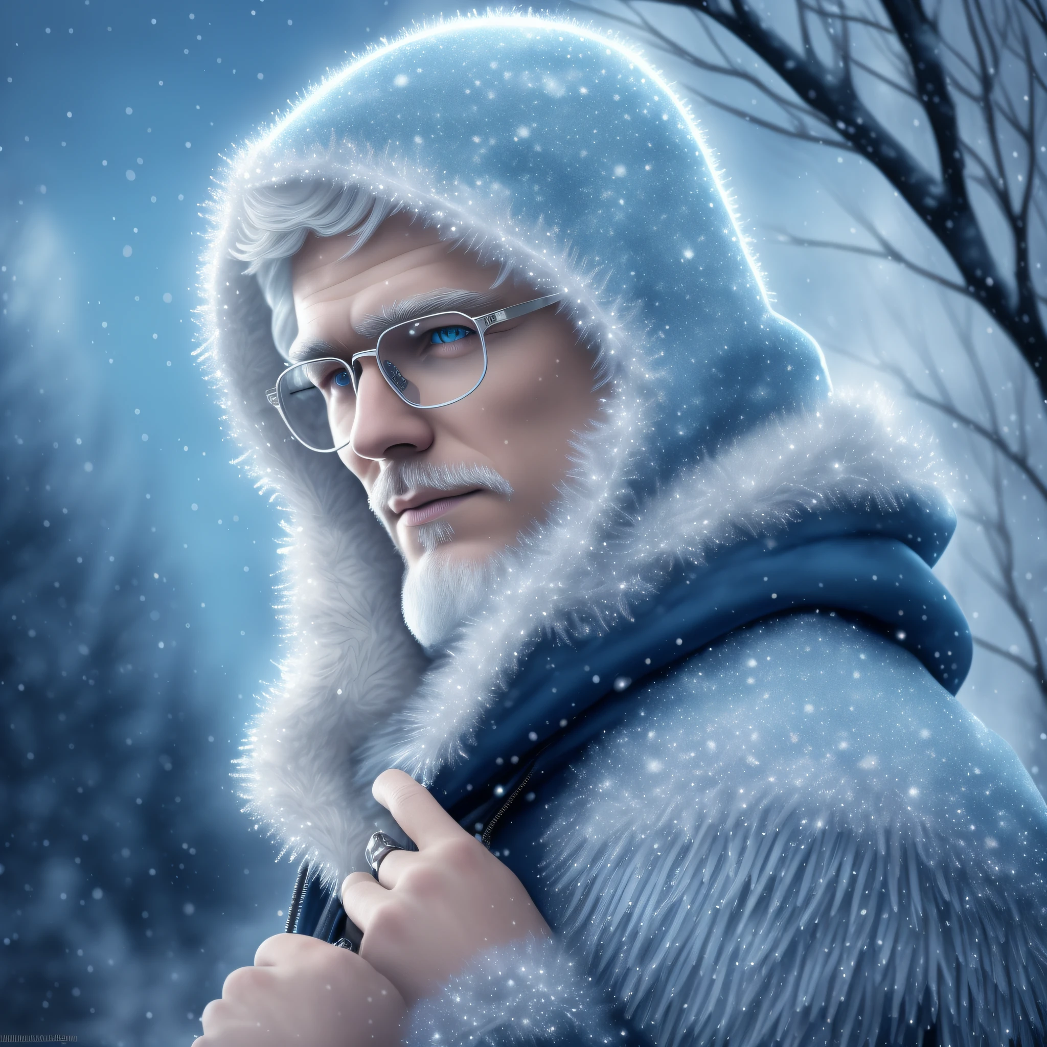 (best quality, super detailed), Jack Frost, winter chill, (delicate crystal snowflakes), floating, dark night, (smoky breath), (white hair, ice-blue eyes), (dark blue hooded coat, silver glasses), Arctic setting, (aurora borealis shimmering in the sky), snow-covered trees, (dazzling blue light emanating from Jack's hands). --auto --s2