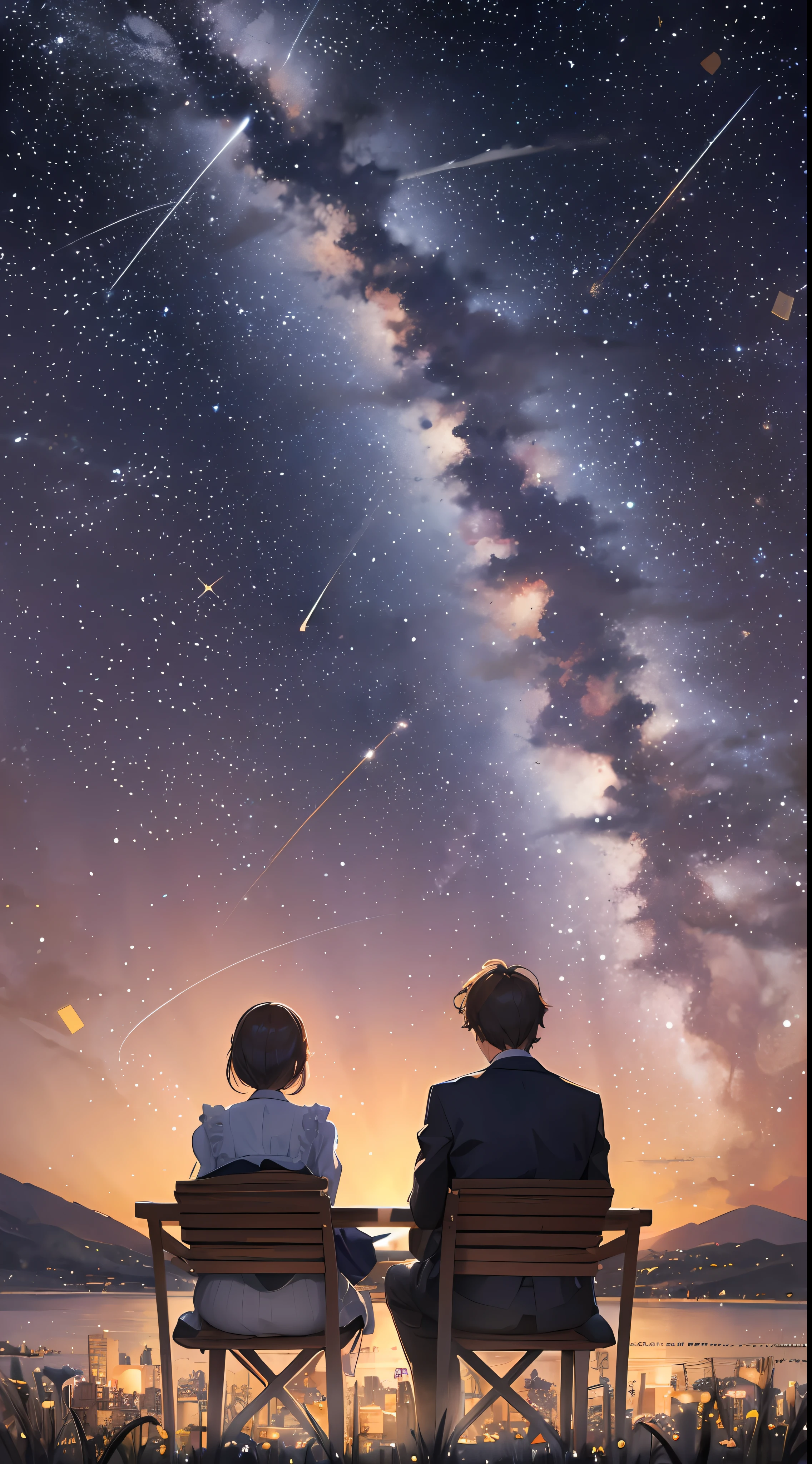 smiling, Meteor shower in a starry sky, a couple sitting together looking at the stars, masterpiece, best quality, intricate detail, absurdres --auto --s2