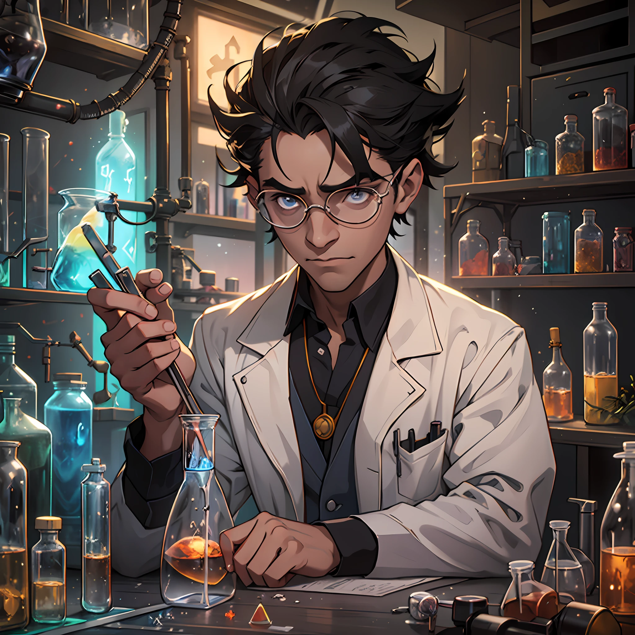 arafed boy in a lab coat making a science experiment, mad scientist working, he is in a alchemist lab, experiment in laboratory, mad scientist, experimenting in her science lab, magic lab background, magic laboratory setting, in a darkly lit laboratory room, magic experiment, science, science lab, portrait of mad lady scientist, intense knowledge, dna experiment --auto --s2