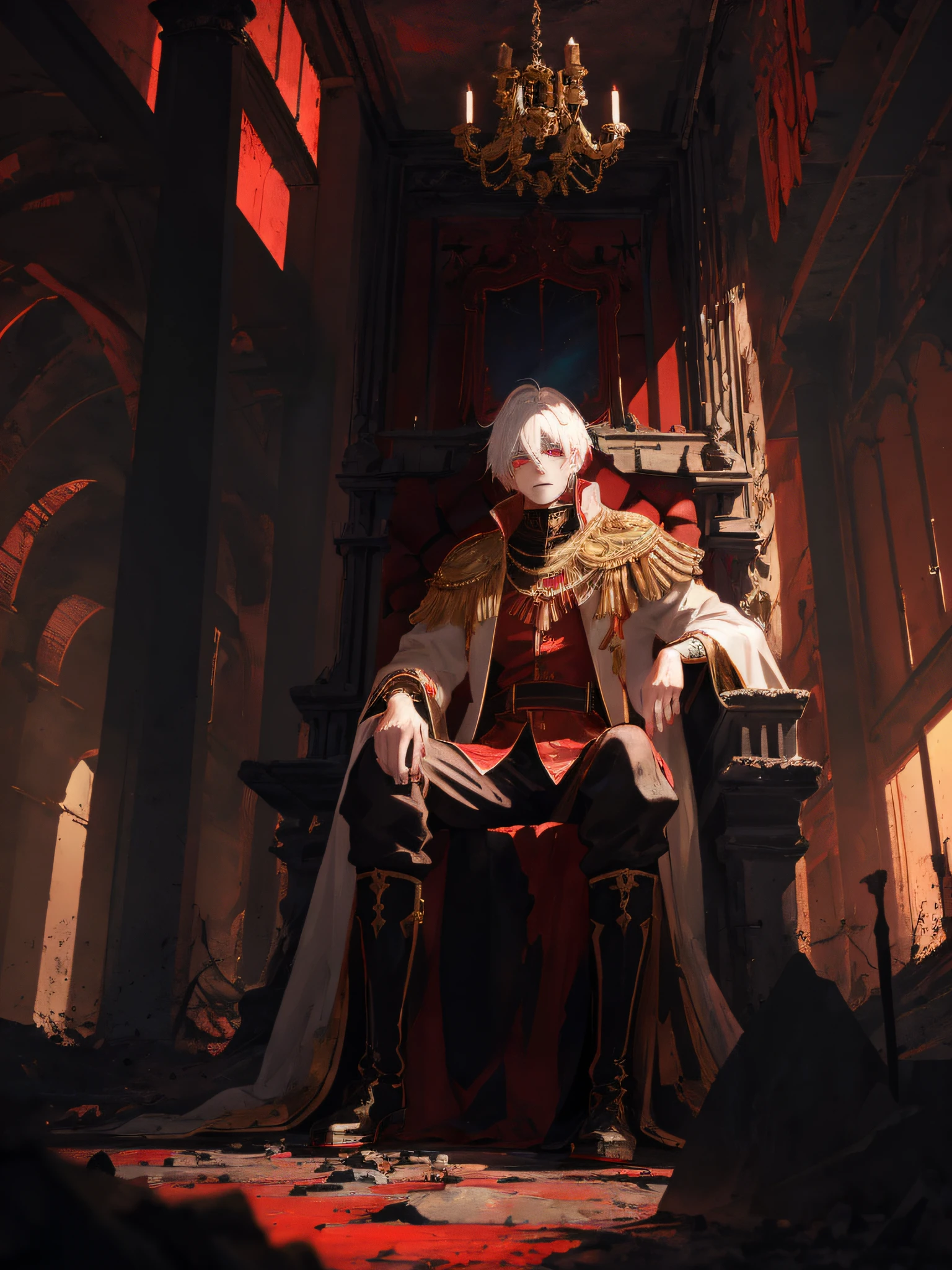 A white-haired, red-eyed prince sits on a majestic throne inside an abandoned palace. The environment around him is dark and gloomy, with cracks in the walls and cobwebs hanging there. The throne is ornate, with details in gold and precious stones, and is covered by a dusty cloth. The protagonist is wearing royal clothing, with a determined expression on his face, as he sta]res at the horizon with glowing red eyes, masterpiece, best quality, ultra-detailed, illustration, 8k resolution concept art, fantasy art, epic art, concept art wallpaper 4k, deep color, natural lighting