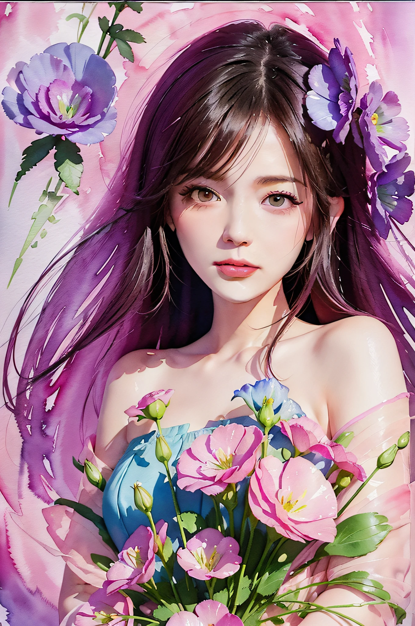 1girl,flower, Lisianthus ,in the style of light pink and light azure, dreamy and romantic compositions, pale pink, ethereal foliage, playful arrangements,fantasy, high contrast, ink strokes, explosions, over exposure, purple and red tone impression , abstract, ((watercolor painting by John Berkey and Jeremy Mann )) brush strokes, negative space,