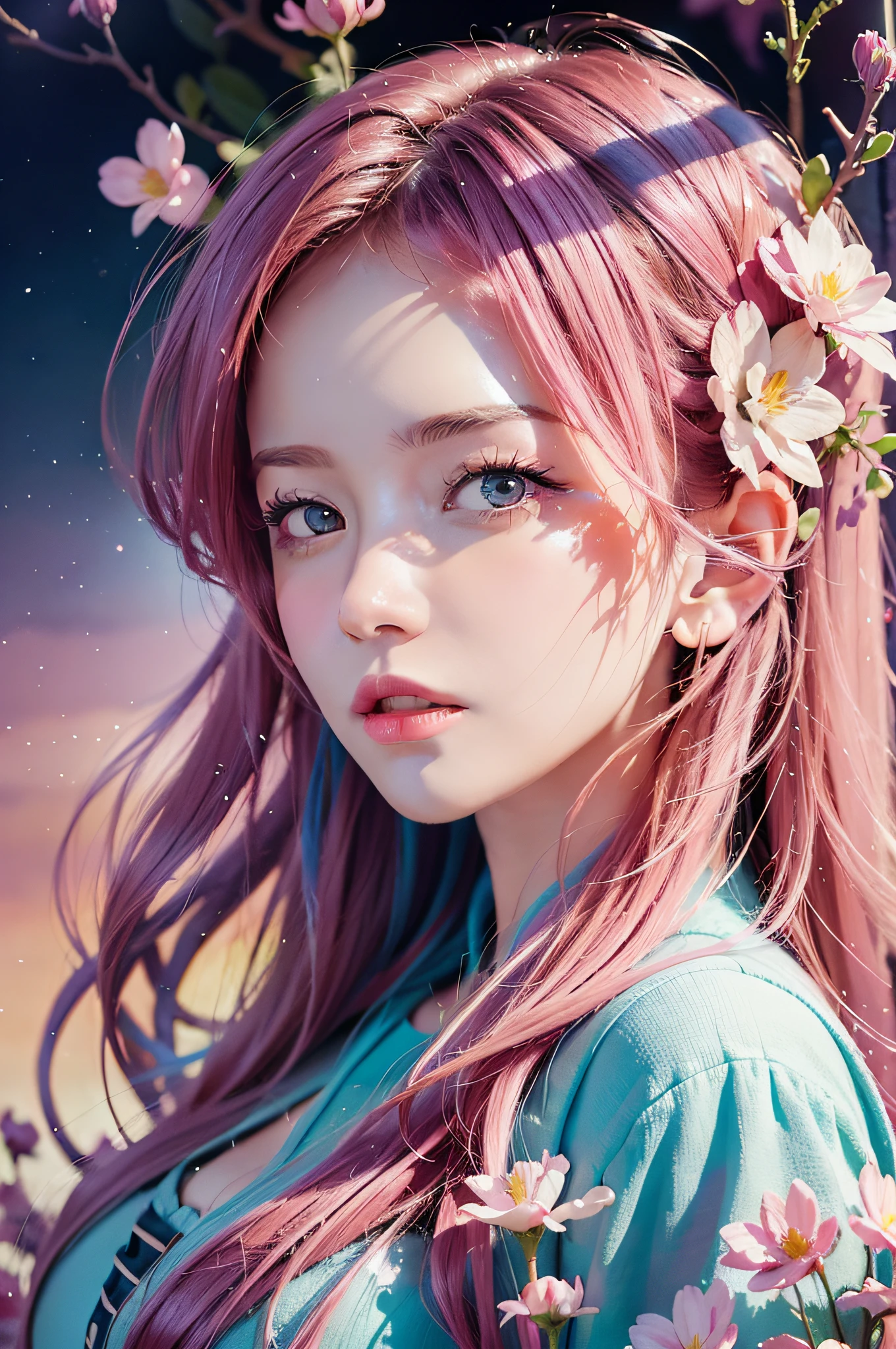 1 girl, flowers, fairy flowers, light pink, light sky blue style, dreamy romantic composition, pale pink and ethereal leaves, playful arrangement, fantasy-like atmosphere, high contrast and ink-like brushstrokes, highlighting its explosive and overexposed effect, impression of purple, red tones, abstract style, artistic sense combined with watercolor brushstrokes of John Berkey and Jeremy Man and negative space.