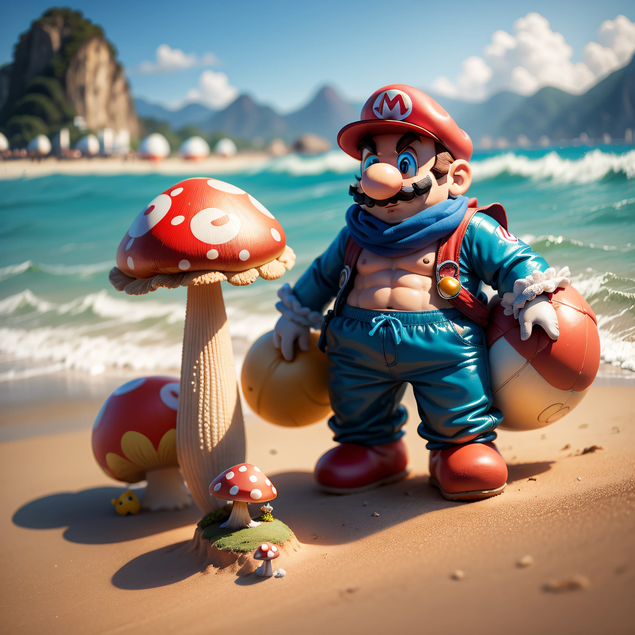 Super Mario with beachwear and mushroom in hand on the beach of Rio de Janeiro realistic --auto --s2