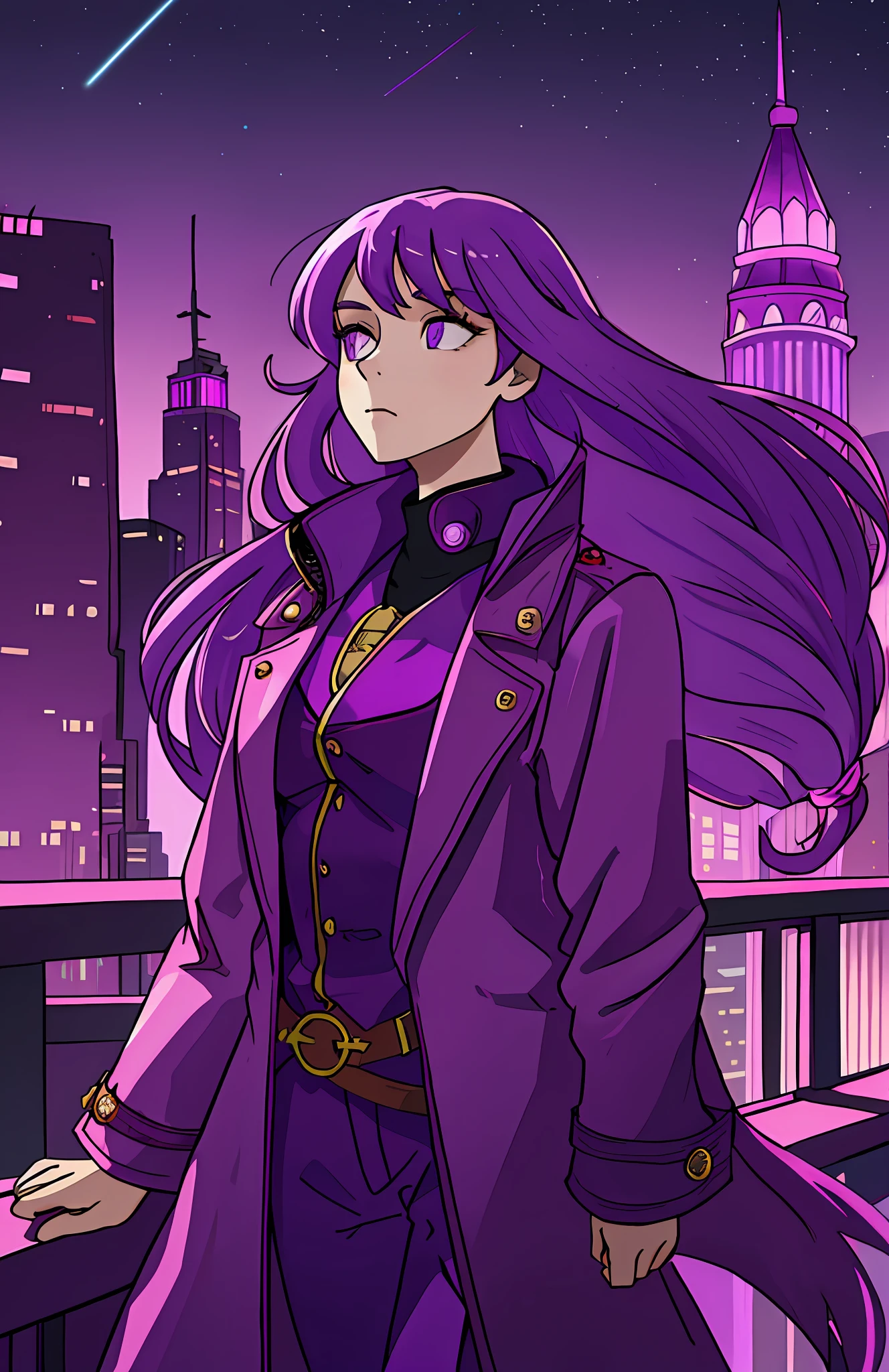 City background, soft light, long purple hair, a girl, purple leather coat, queen aura, arrogant, looking up