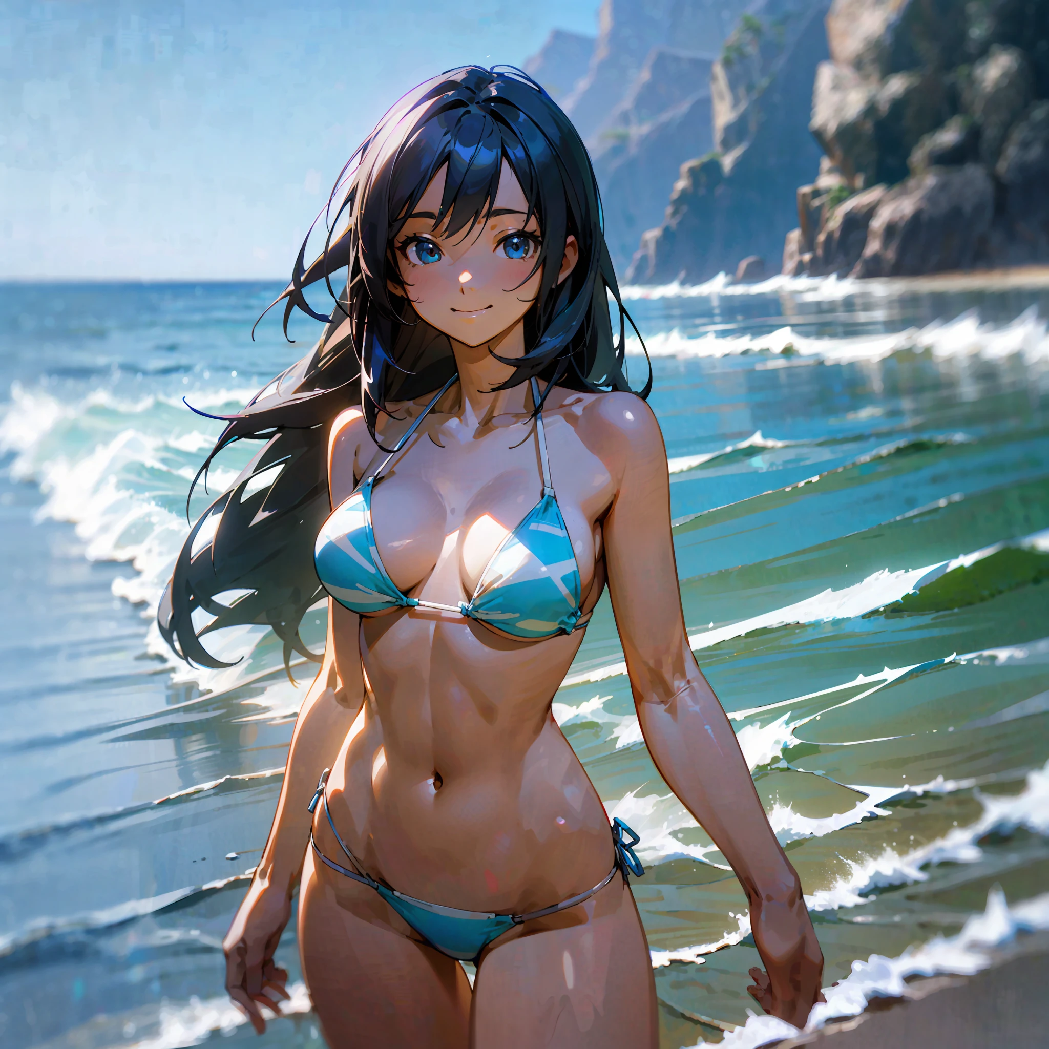 Seaside, a little little wave, long hair fluttering, girl, body proportions are particularly good, sexy bikini, smile is particularly good-looking, live-action effect, 3D, depth of field, RAW photos, TanvirTamim, high quality, high resolution, sharp focus, very detailed, cinematic lighting, 8k UHD --auto --s2