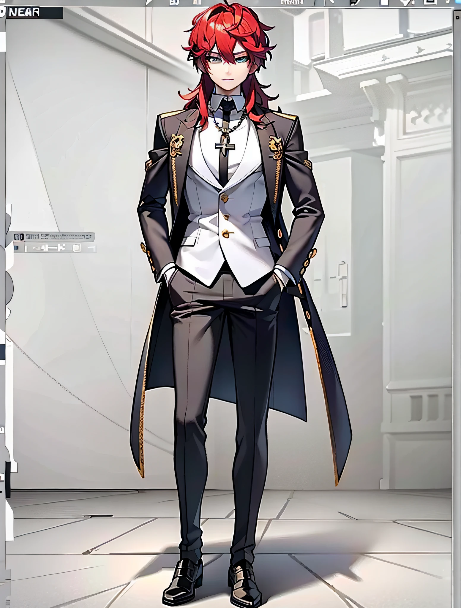 Full Body vtuber, Full Body Portrait, Clear Face, Best Quality Masterpiece, Male, Looking at Viewers, Stand and Looking Directly at Viewers, Solo, Blue Eyes, Coat, Red Hair, Long Hair, Cross Necklace, Full Body Portrait, ((8k , RAW Photo, Top Quality, Masterpiece), Professional Photo, (Best Shadow), Ultra High Definition, Cinematic Light, High Detail CG Includes 8K Wallpapers, Whole Body,