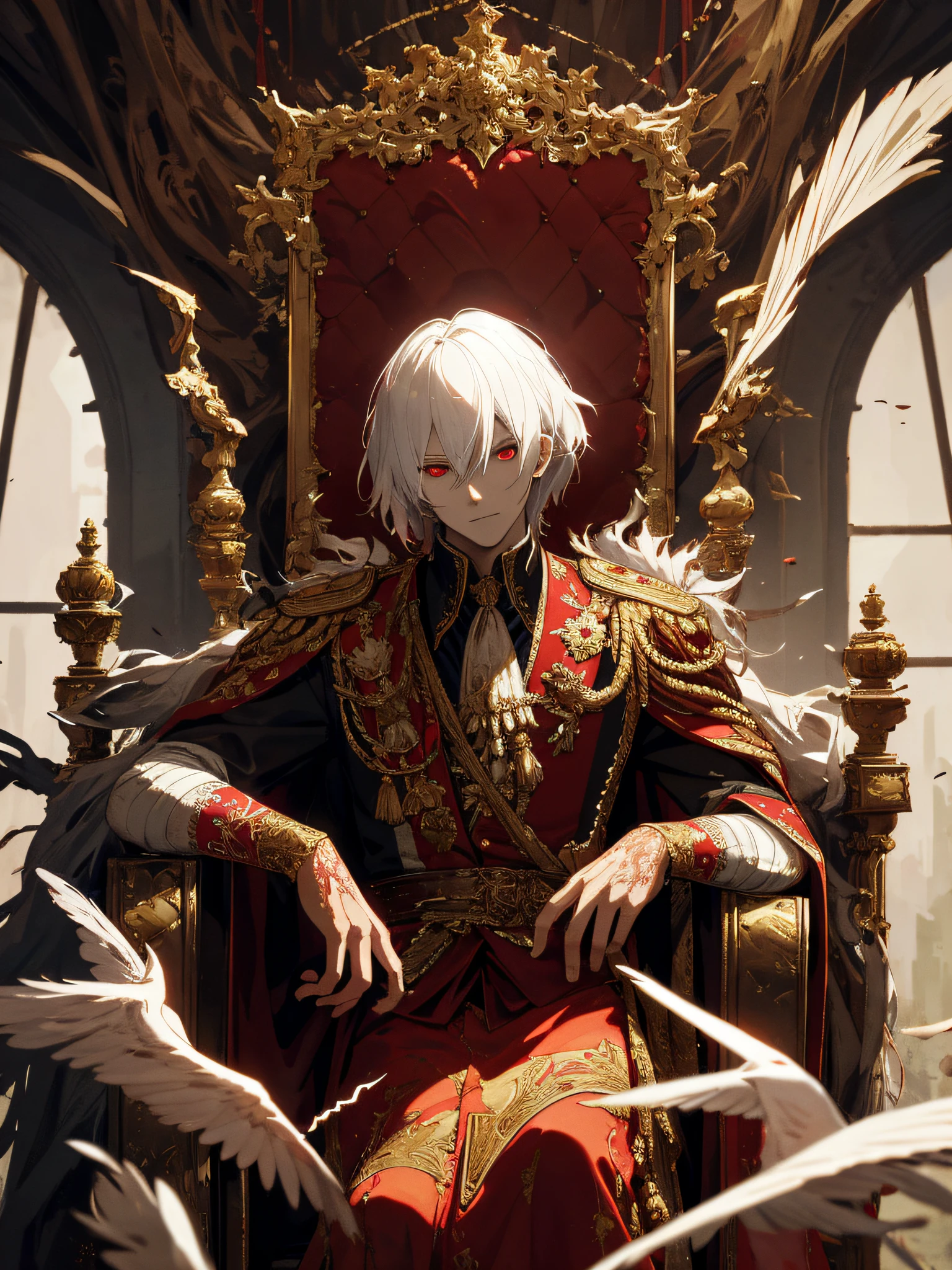 A white-haired, red-eyed prince sits on a majestic throne inside an abandoned palace. The environment around him is dark and gloomy, with cracks in the walls and cobwebs hanging there. The throne is ornate, with details in gold and precious stones, and is covered by a dusty cloth. The protagonist is wearing royal clothing, with a determined expression on his face, as he stares at the horizon with glowing red eyes, masterpiece, best quality, ultra-detailed, illustration, 8k resolution concept art, fantasy art, epic art, concept art wallpaper 4k, deep color, natural lighting