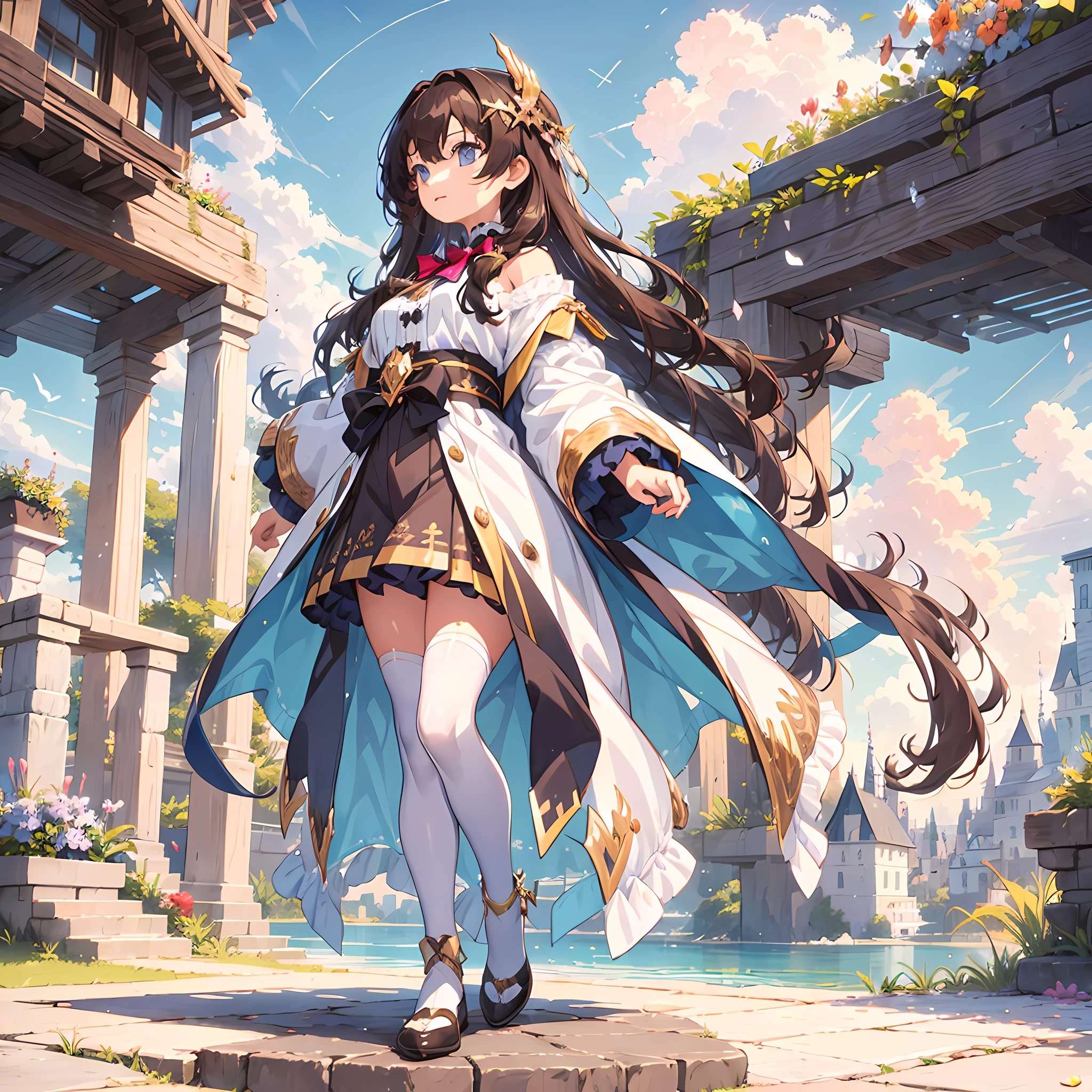 [(white background:1.5),::5] (isometric:1.5),(( wide shot, full body:1.5)),// (((masterpiece))), (((best quality))), ((ultra-detailed)), (illustration), (1 girl), (solo), ((an extremely delicate and beautiful)), girl, ((beautiful detailed sky)), beautiful detailed eyes, hairs between eyes, ribbons, bowties, heart buttons, bare shoulders, blank stare, close to viewer, ((breeze)), Flying splashes, Flying petals, wind, brown hair, multi color eyes, hair ornament,