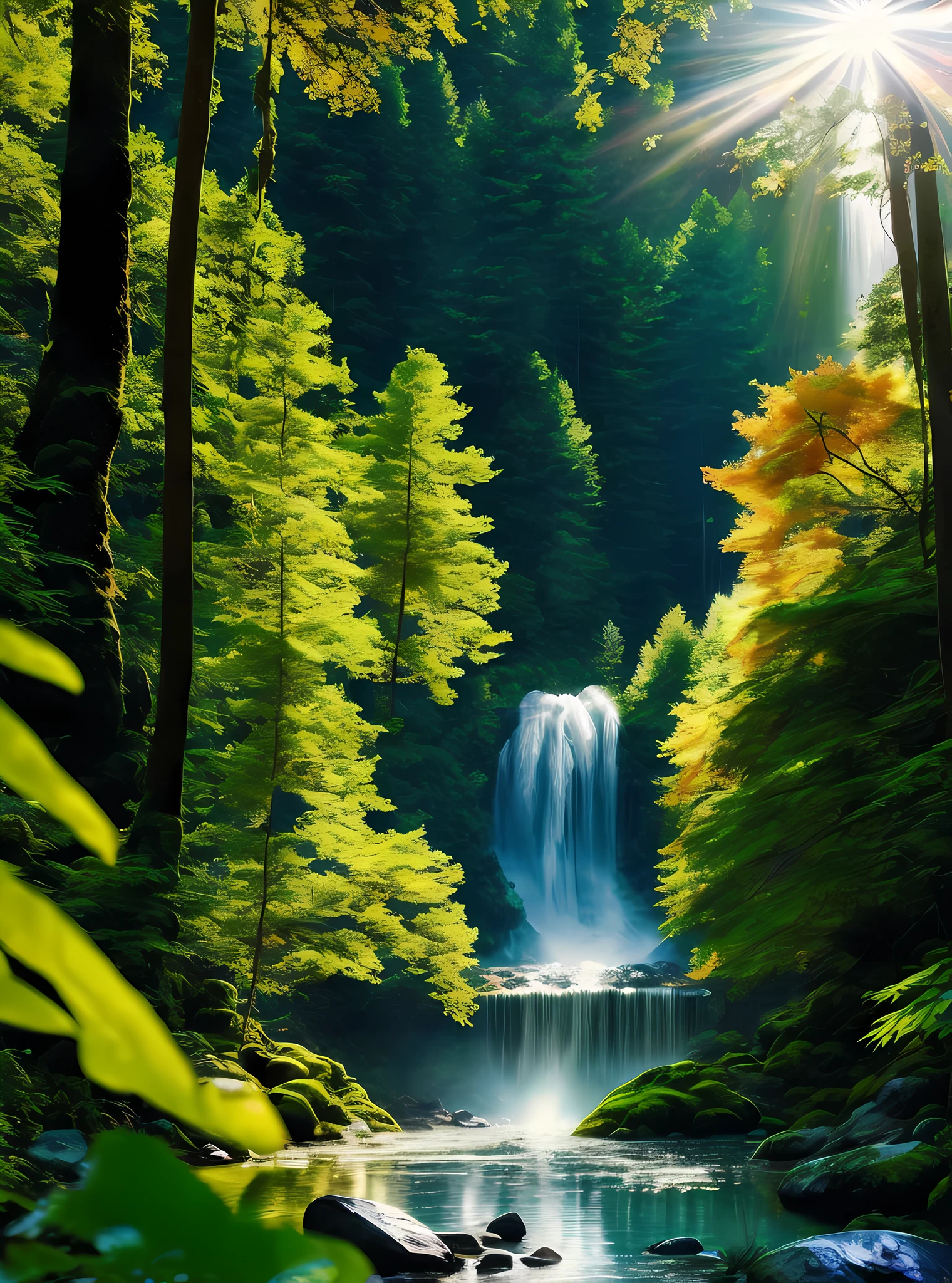 "Masterpiece of iridescent art in a natural environment, with a stunning waterfall amidst a mapped forest, solitary ray of sunshine penetrates the leafy trees, ultra-detail and dynamic brightness in 8k resolution with untouchable lights flowing."