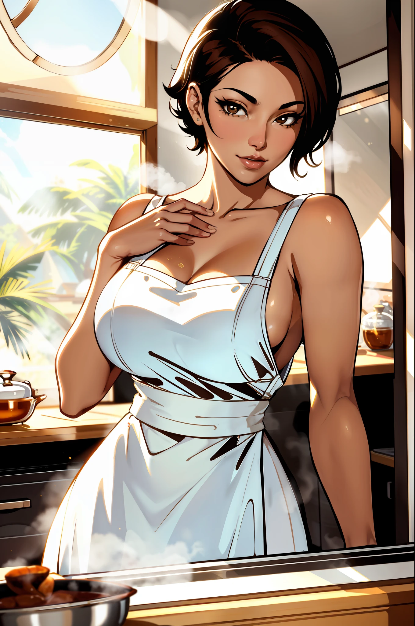 nijistyle, pov selfie, portrait of beautiful mayan milf in white apron, bare shoulders, short black hair, kitchen, window, steam, honey eyes, caramel hair,