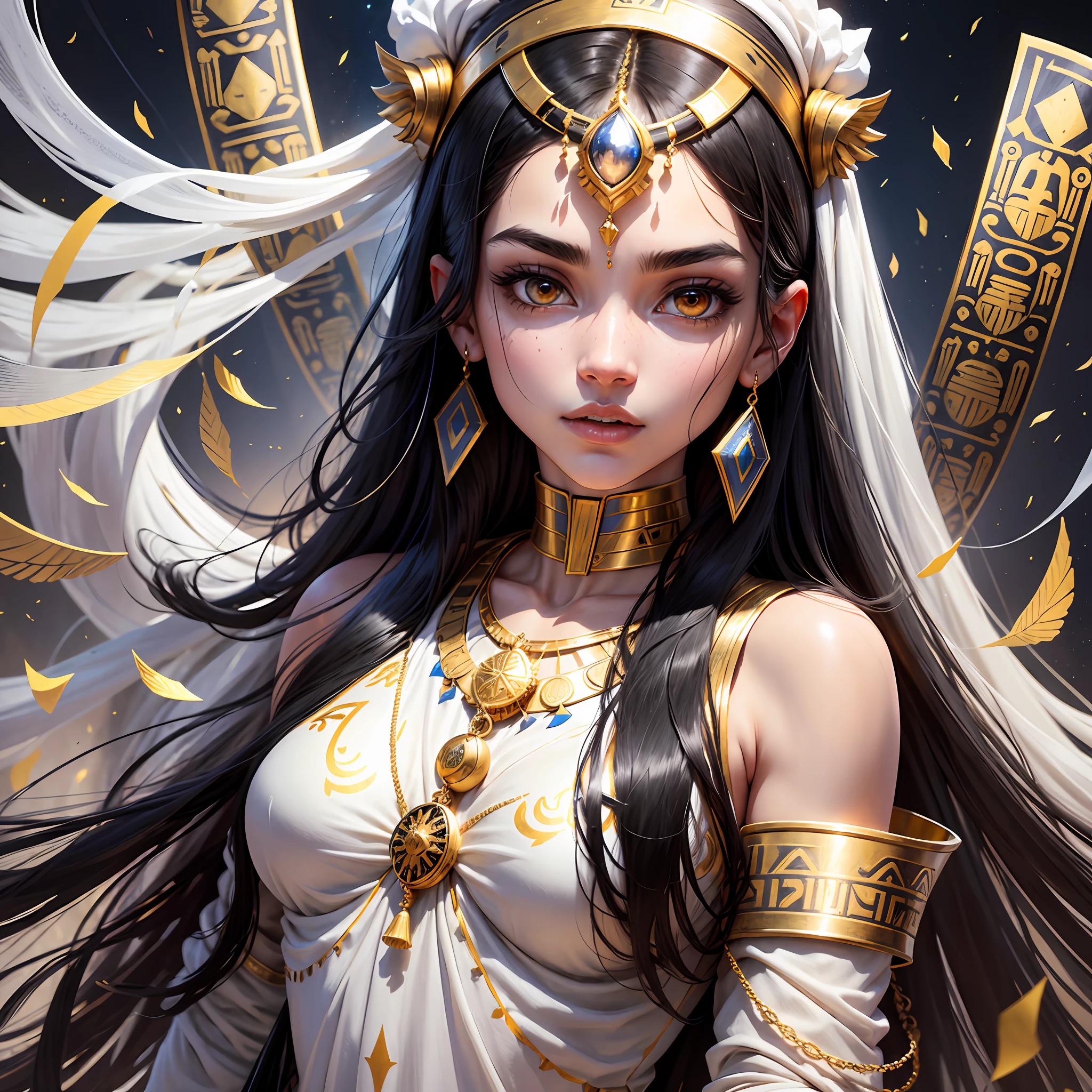 Egyptian priest, female, female, 18 years old, slender body, Egyptian, black hair, straight, eye of osiris as amulet, ultra realistic, fluttering sand surrounds the body of the character, white, gold and blue clothes with red details, tunic, detailed face, object with the same theme, very bright totally white eyes, pale, serious, UHD, super defined details --auto --s2