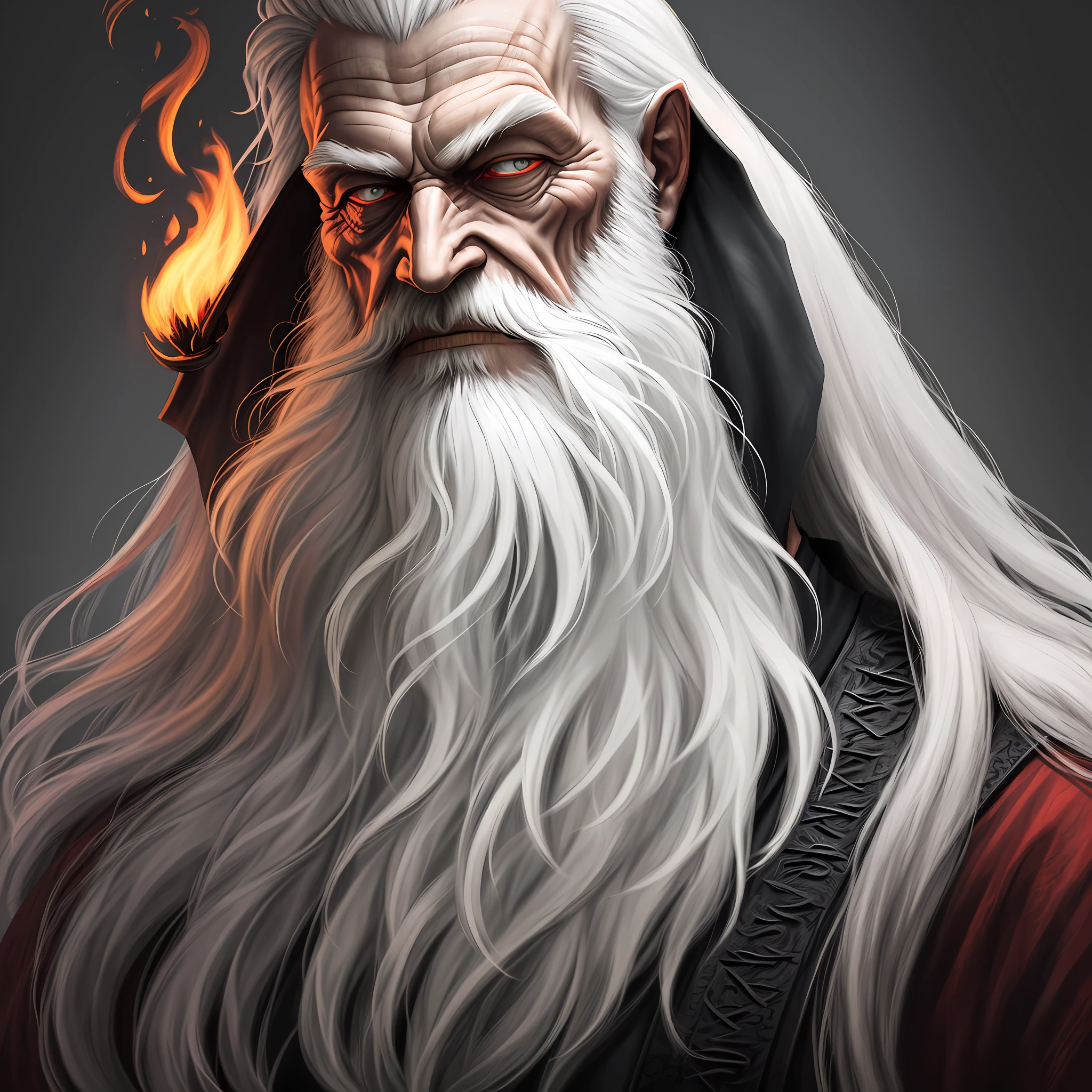 (Detailed drawing of an old evil Irish wizard in a long beard, portrait: 1), detailed, historical illustration, gothic, magical, surreal, 8k, European, (scary), white hair, old face, terrible, detailed red clothing, fire powers, burning hands, flame trail, normal eyes
