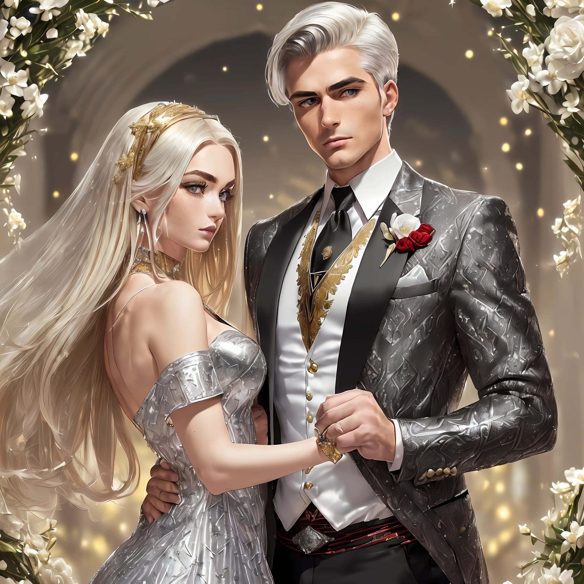 ((1 Real woman and 1 real man, 25 years old, photorealistic, high resolution, best quality, masterpiece: (The woman has straight blonde hair down to the shoulders, beautiful Slavic, heterochromatic eye, mole below the eye, thick eyebrows, freckles, with a long and tight party dress, with golden sequins, embroidered velvets, silver brocades and crystal details, large chest,  small waist, normal thighs) (The man has short, black hair, elegant in a suit with a black jacket, white shirt and red tie), dancing in a beautiful flowery field. Full moon, many stars.)) --auto --s2