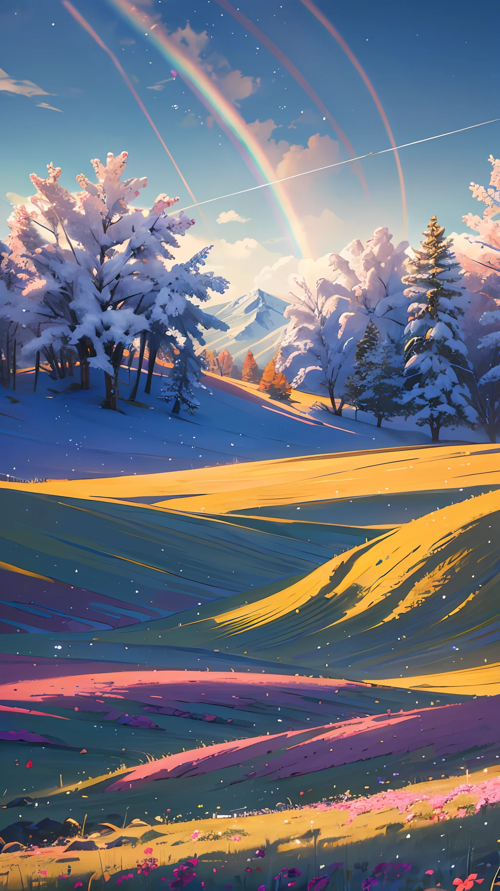 A wide-landscape photo, with the blue sky above and an open field below. In the field, a girl is standing, immersed in a sea of colorful flowers, looking up. The bright sun (1:2) is radiant in the sky, scattering its rays of golden light throughout the scene. In the background, distant mountains provide a majestic landscape. Leafy BREAK Crafting Art trees add soft shadows to the field. The warm light (1.2) from the sun creates a play of vibrant colors, with shades of purple and orange spreading throughout the environment. Intricate details and volumetric lighting BREAK (Masterpiece: 1.2) highlight the stunning beauty of the scene. The image quality is 4K, ultra detailed, capturing each element perfectly. The dynamic composition (1.4) gives movement and fluidity to the image, while vivid colors and a rainbow (1.2) add a magical touch. The bright atmosphere and atmospheric lighting create a sense of dreaminess and enchantment. The soil (1.2) is rich in detail and color, complementing the natural beauty of the landscape