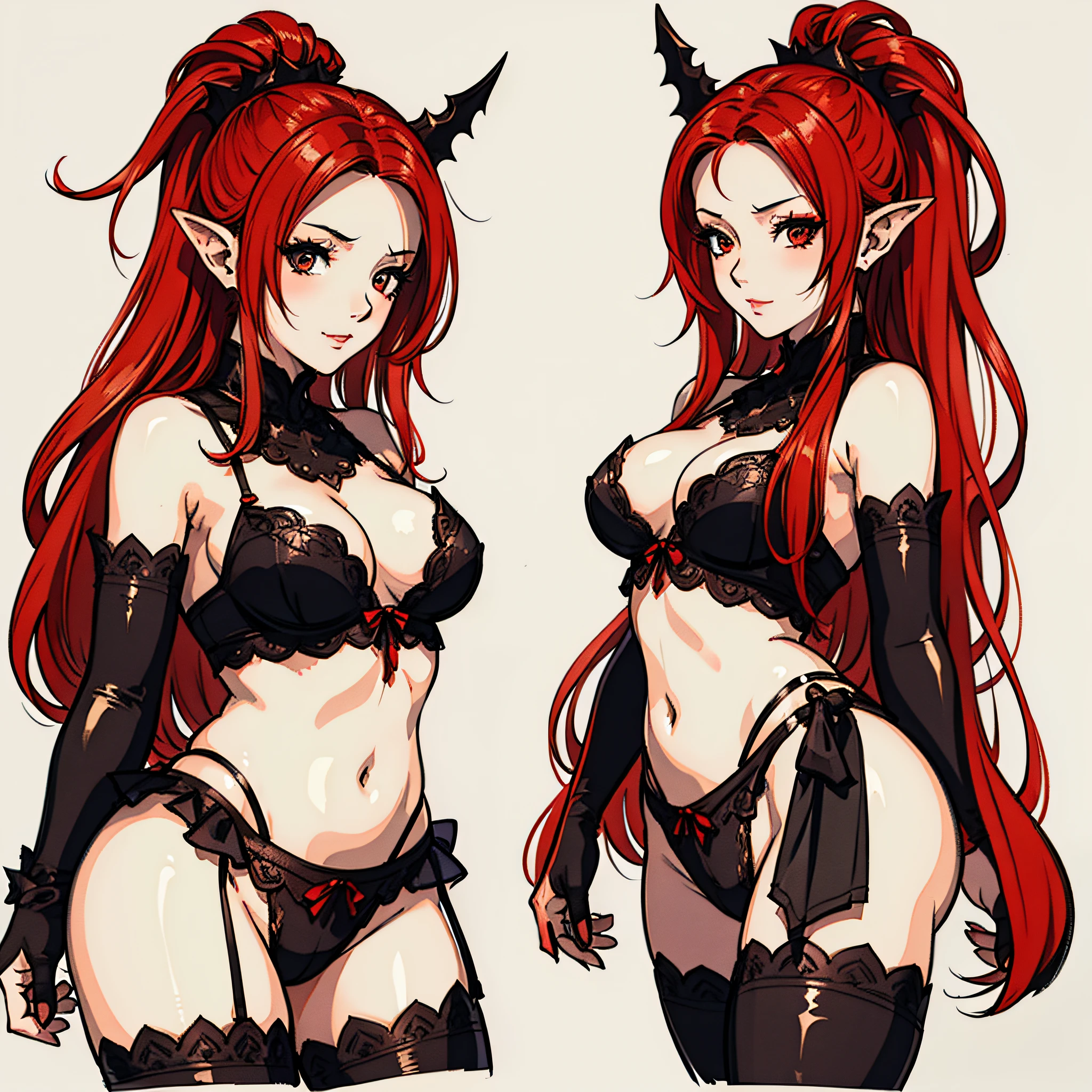 sketch, white background, orc, orc female, long hair, red hair, medium breasts, black lingerie, sensual lingerie, front view, rear view, left view, right view