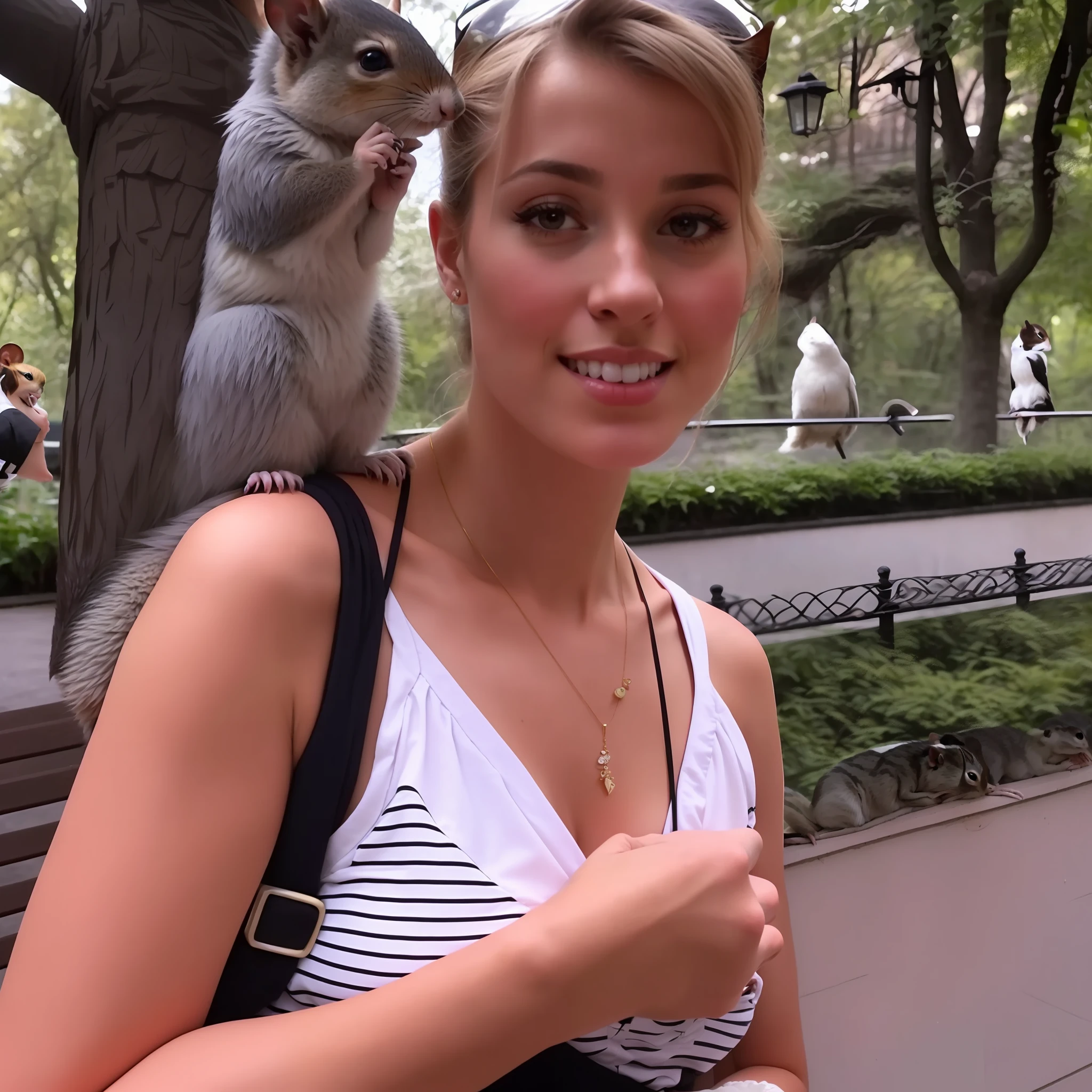 araffe sitting on a woman's shoulder and a squirrel on her shoulder, karolina cummings, viktoria gavrilenko, aleksandra waliszewska, anastasia ovchinnikova, beautiful girl, alana fletcher, magdalena radziej, new york zoo in the background, niele toroni, pet rat on shoulder, profile picture, beautiful lady