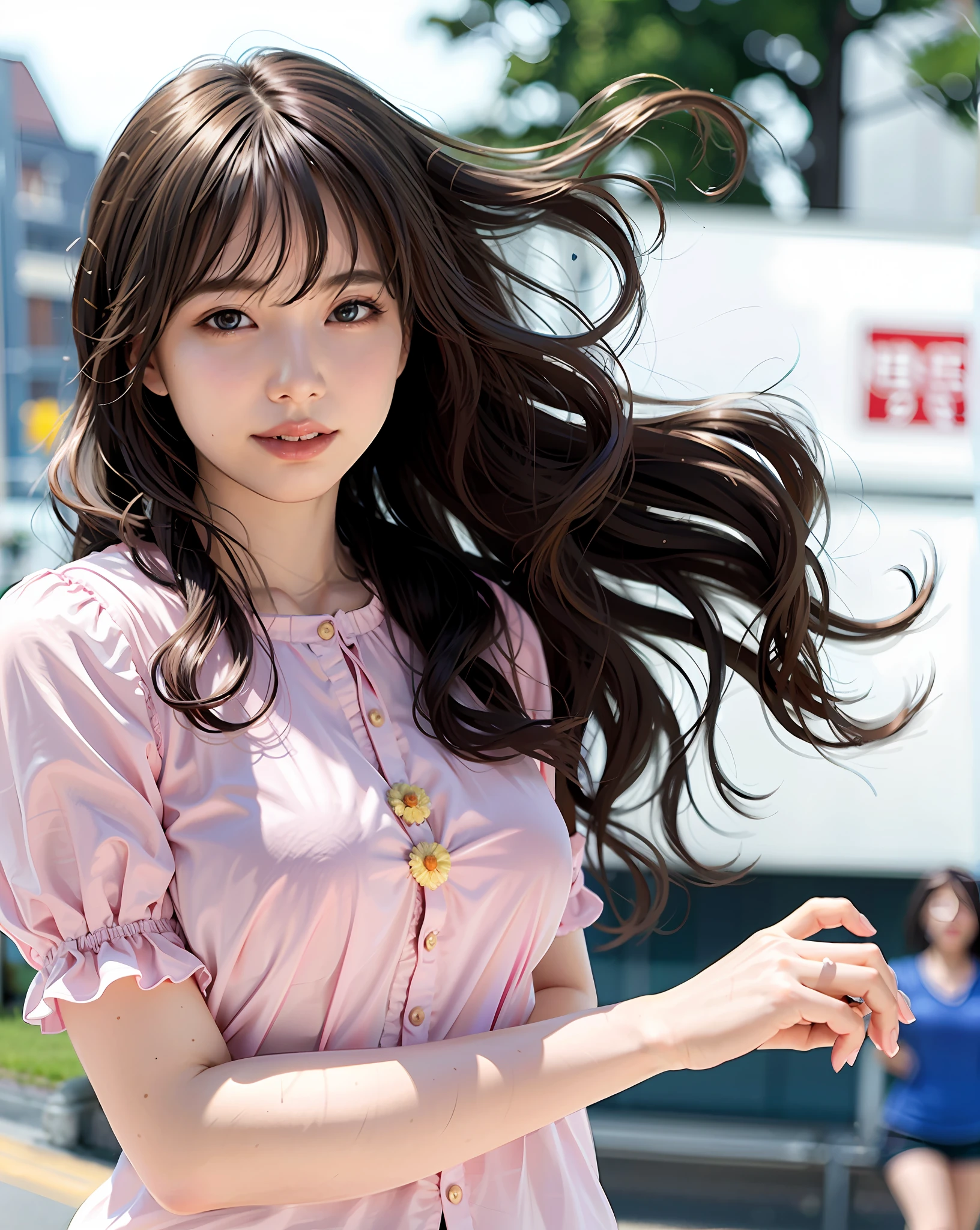 best quality, 1girl, (skindentation), (large breast), (day), bright, blur background, outdoor, (street:0.6), (people, crowds:1), (wavy hair:1.5), (blouse:1.5), gorgeous, (floating hair:1.5), (dynamic pose:0.8), soft lighting, wind, garden,