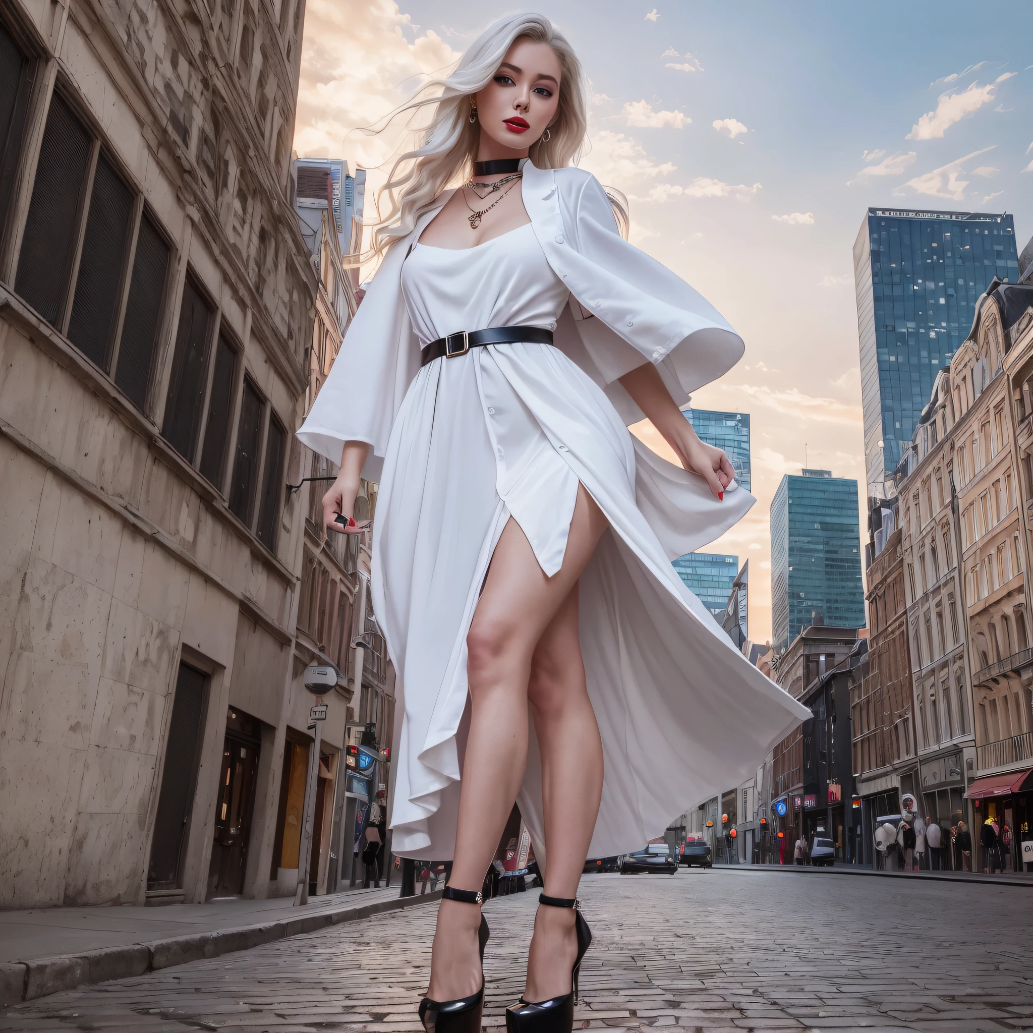 (8k, RAW photo, highest quality, masterpiece: 1.2), (realistic, photorealistic: 1.37), 1 woman, 40 years old, Caucasian, white hair, 1.75 tall, short white dress, London, cityscape, sunset, full body photo, professional lighting, photon mapping, radiosity, many eyelashes, Lame on the eyelids, bright red lip, black heels, black chokers, necklaces, bracelets, lots of various accessories,  Slender --auto --s2