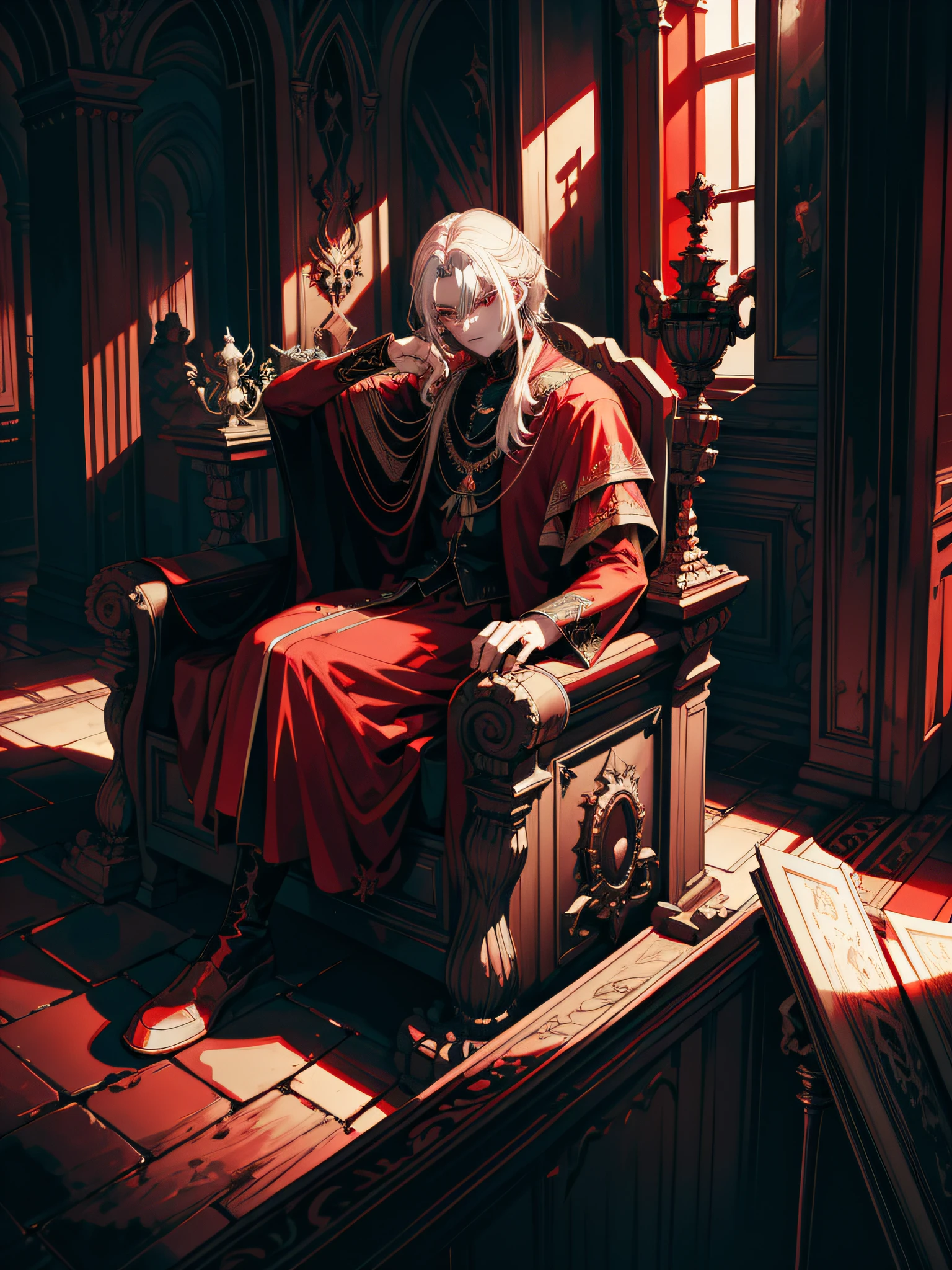 A white-haired, red-eyed prince sits on a majestic throne inside an abandoned palace. The environment around him is dark and gloomy, with cracks in the walls and cobwebs hanging there. The throne is ornate, with details in gold and precious stones, and is covered by a dusty cloth. The protagonist is wearing royal clothing, with a determined expression on his face, as he stares at the horizon with glowing red eyes, masterpiece, best quality, ultra-detailed, illustration, 8k resolution concept art, fantasy art, epic art, concept art wallpaper 4k, deep color, natural lighting