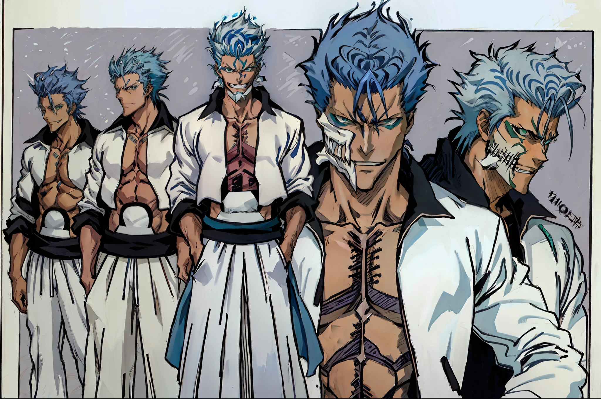 masterpiece, best quality, ((1man)),blue hair,green eyes,serious expression, smiling,full body,line art,medium hair,white blazer,black t-shirt,expressionless eyes,((Tite Kubo style))(grimmjow cosplay clothes)