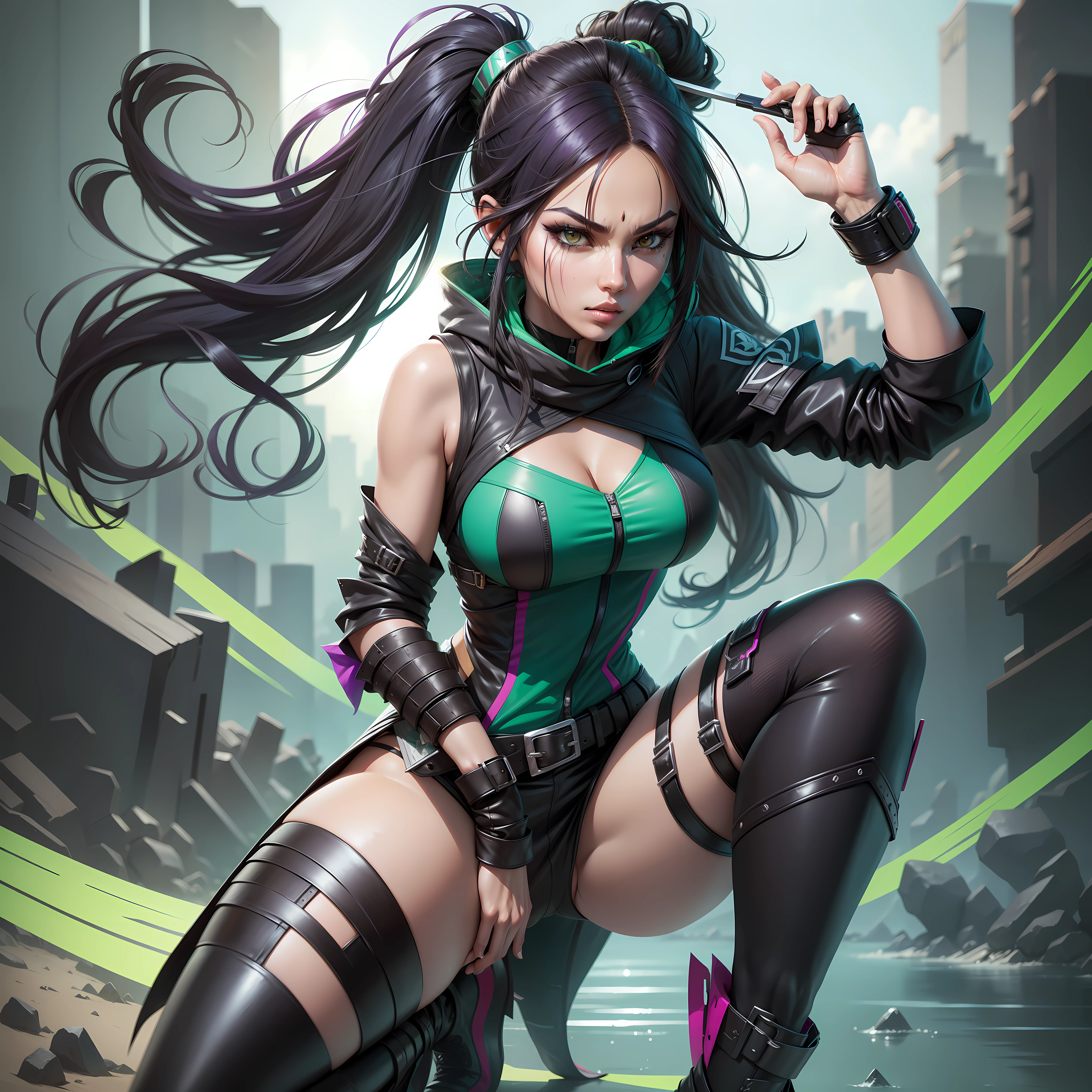 Create an ultra realistic image of the character Akali from the K/DA ALL OUT skin in the game League of Legends, in a photographic style. Akali is an agile and mysterious assassin, and the image should capture her entire essence and iconic personality. Ensure that every detail of the character is accurately reproduced, from her appearance to her clothing and accessories specific to the skin. Akali's face should reflect her determination and confidence, with piercing eyes and a serious expression. The hair, which is one of the character's distinctive features, should be shown in all its details, with realistic reflections and textures. Dress her in the K/DA ALL OUT skin outfit, paying special attention to the outfit details and vibrant colors. The image should be set in a mysterious landscape that enhances the character's aura. Akali should be portrayed in a photographic pose, conveying her unique and confident attitude. Create an image that resembles an authentic photograph of Akali.