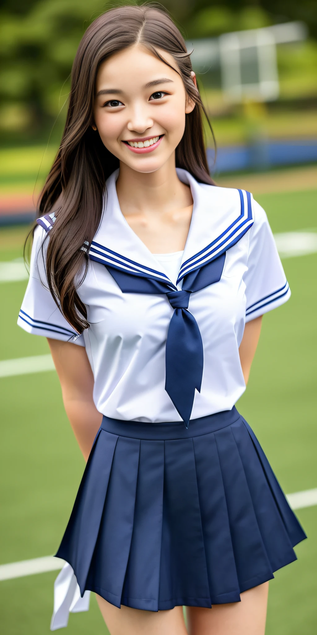 neat college girl, (school uniform, sailor uniform, ribbon tied at chest, summer uniform, upper body white, skirt is navy blue), outside the athletic field, (slim), photorealistic, detail, skin texture, ultra detail, delicate and sexy collarbone, smile, super detailed face, detailed lips, detailed eyes, double eyelids, small breasts, small breasts, small, flat breasts, breast emphasis