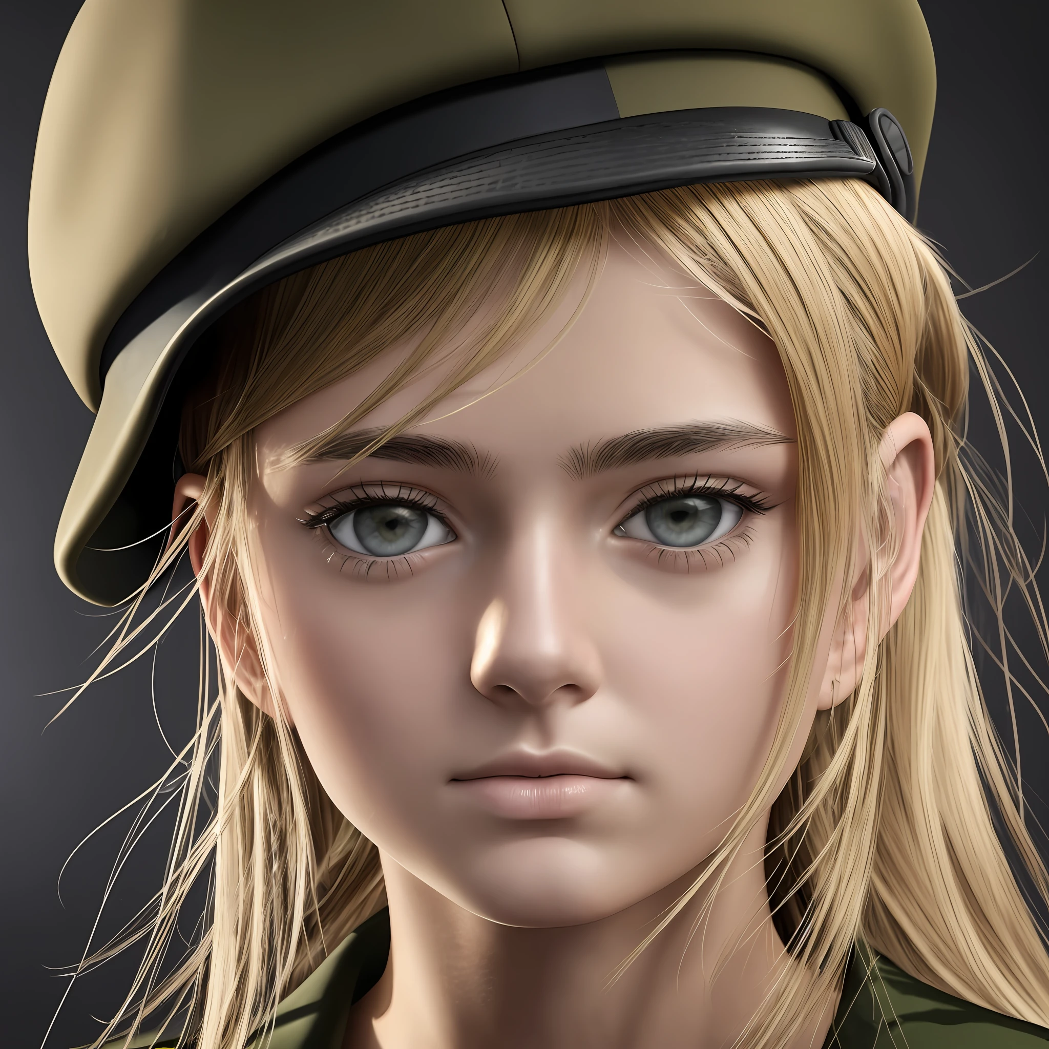 A 20-year-old girl, Wearing a military uniform, Wear a military cap, blonde hair, front ponytail, mole under eye, glaring, closed mouth, jitome, Surrealism, Social realism, Social realism, Verism, chiaroscuro, depth of field, cinematic lighting, projected inset, first-person view, close-up, emphasis lines, Nikon, 360 view, UHD, anatomically correct, super detail, masterpiece, highres, 4K --auto --s2
