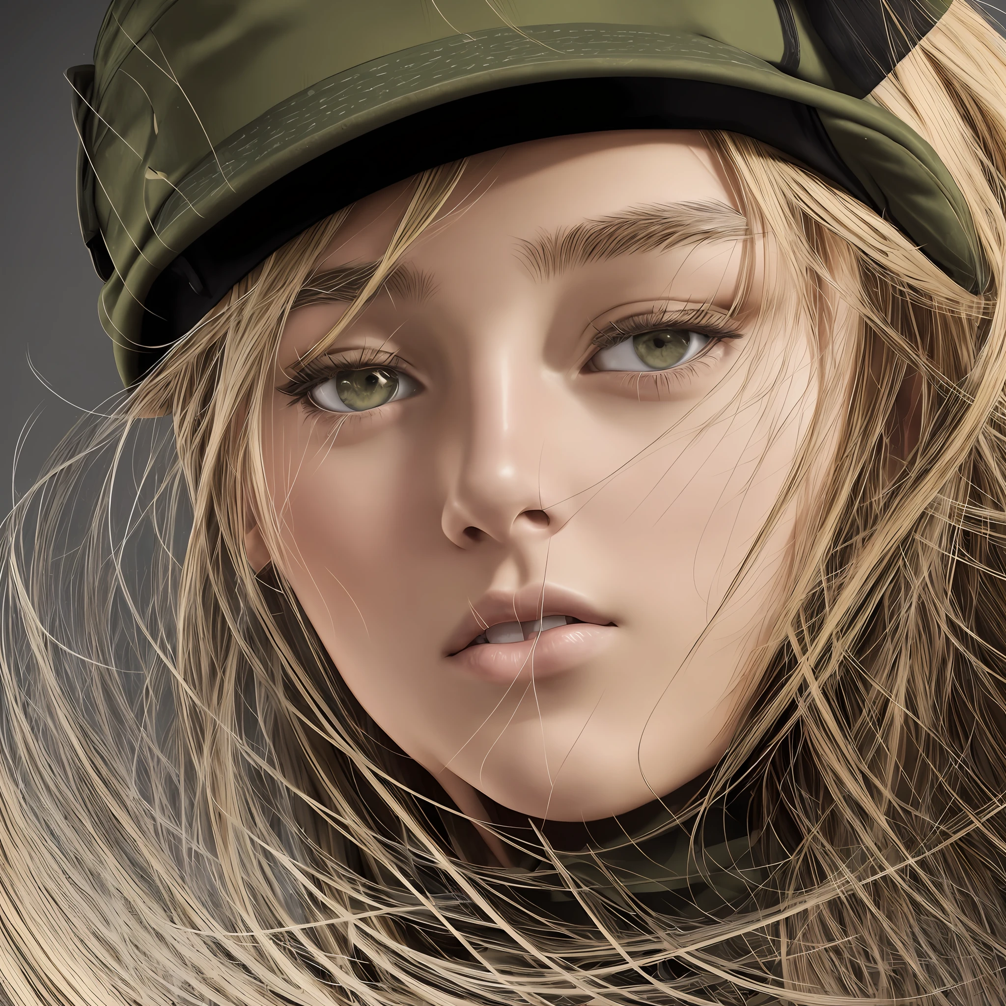 A 20-year-old girl, Wearing a military uniform, Wear a military cap, blonde hair, front ponytail, mole under eye, glaring, closed mouth, jitome, Surrealism, Social realism, Social realism, Verism, chiaroscuro, depth of field, cinematic lighting, projected inset, first-person view, close-up, emphasis lines, Nikon, 360 view, UHD, anatomically correct, super detail, masterpiece, highres, 4K --auto --s2