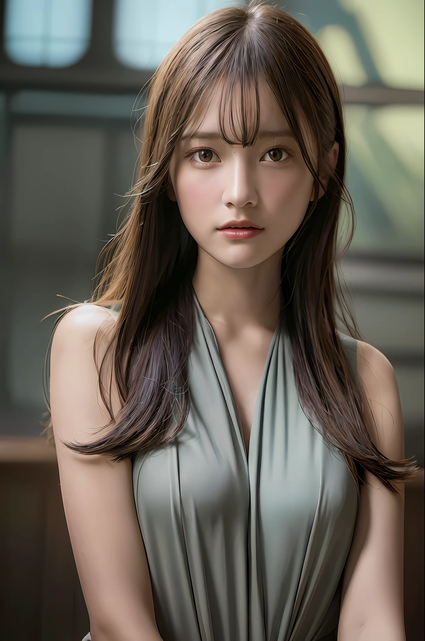 (pre-focused), (Darkness: 1.6), hyper-realist female portrait by David Hockney and Alphonse Mucha, fantasy art, photorealistic, dynamic lighting, art station, poster, volumetric lighting, highly detailed face, 4K, award-winning, girl one, in the dark, deep shadows, lowkey, cowboy shot, Swimsuit, gray hair