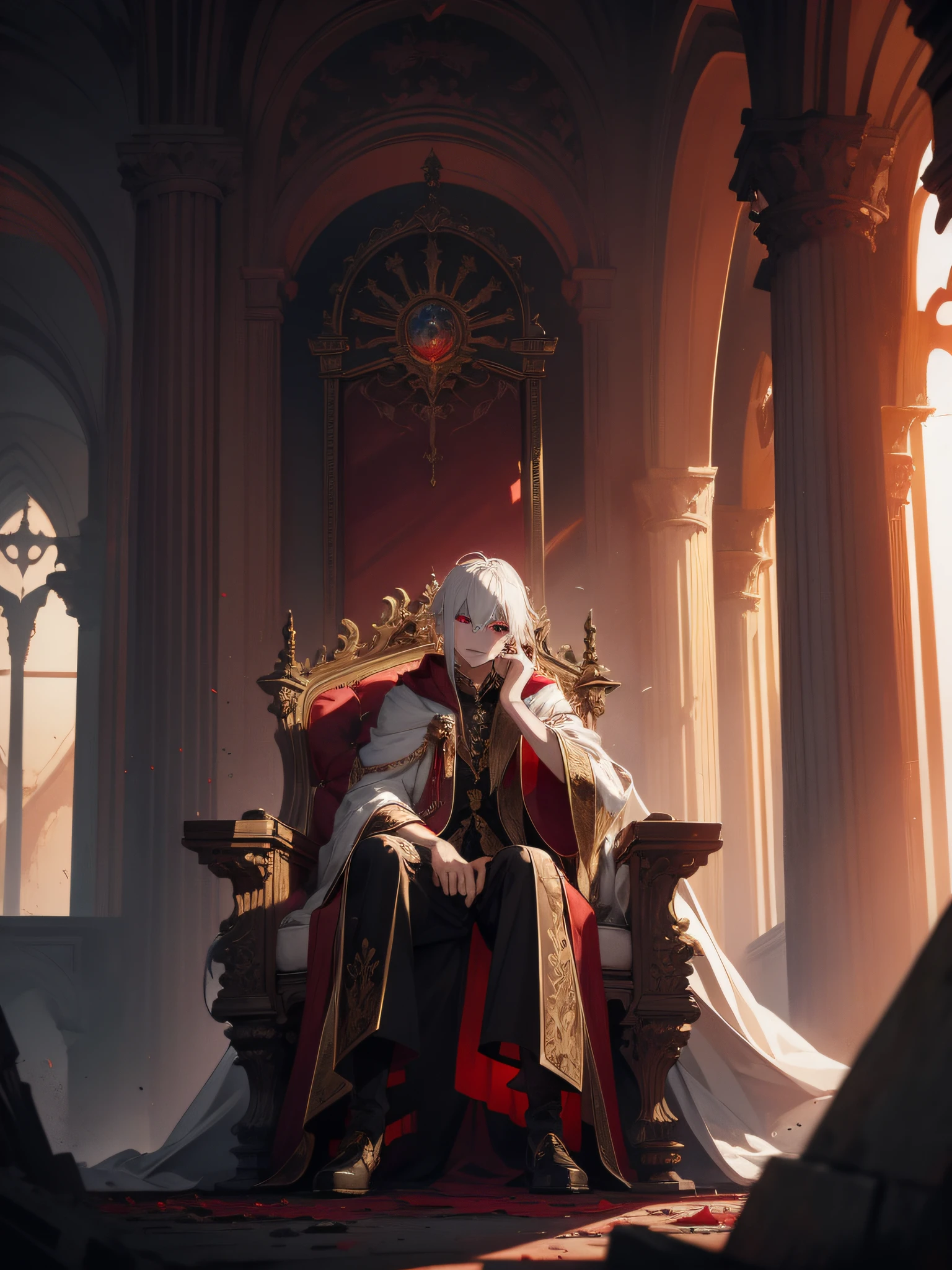 A white-haired, red-eyed prince sits on a majestic throne inside an abandoned palace. The environment around him is dark and gloomy, with cracks in the walls and cobwebs hanging there. The throne is ornate, with details in gold and precious stones, and is covered by a dusty cloth. The protagonist is wearing royal clothing, with a determined expression on his face, as he stares at the horizon with glowing red eyes, masterpiece, best quality, ultra-detailed, illustration, 8k resolution concept art, fantasy art, epic art, concept art wallpaper 4k, deep color, natural lighting