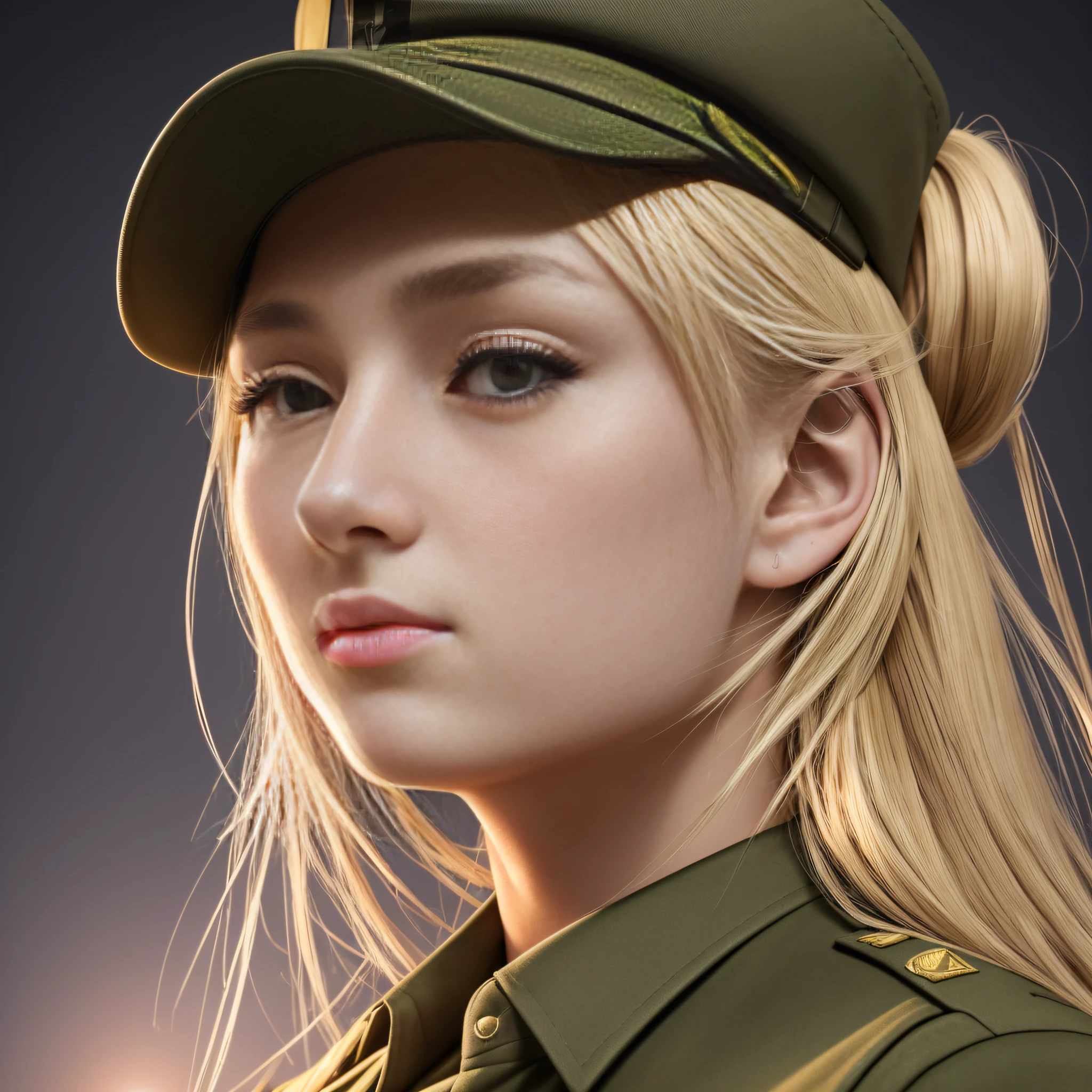 A 20-year-old girl, Wearing a military uniform, Wear a military cap, blonde hair, front ponytail, mole under eye, glaring, closed mouth, jitome, Surrealism, Social realism, Social realism, Verism, chiaroscuro, depth of field, cinematic lighting, projected inset, first-person view, close-up, emphasis lines, Nikon, 360 view, UHD, anatomically correct, super detail, masterpiece, highres, 4K --auto --s2