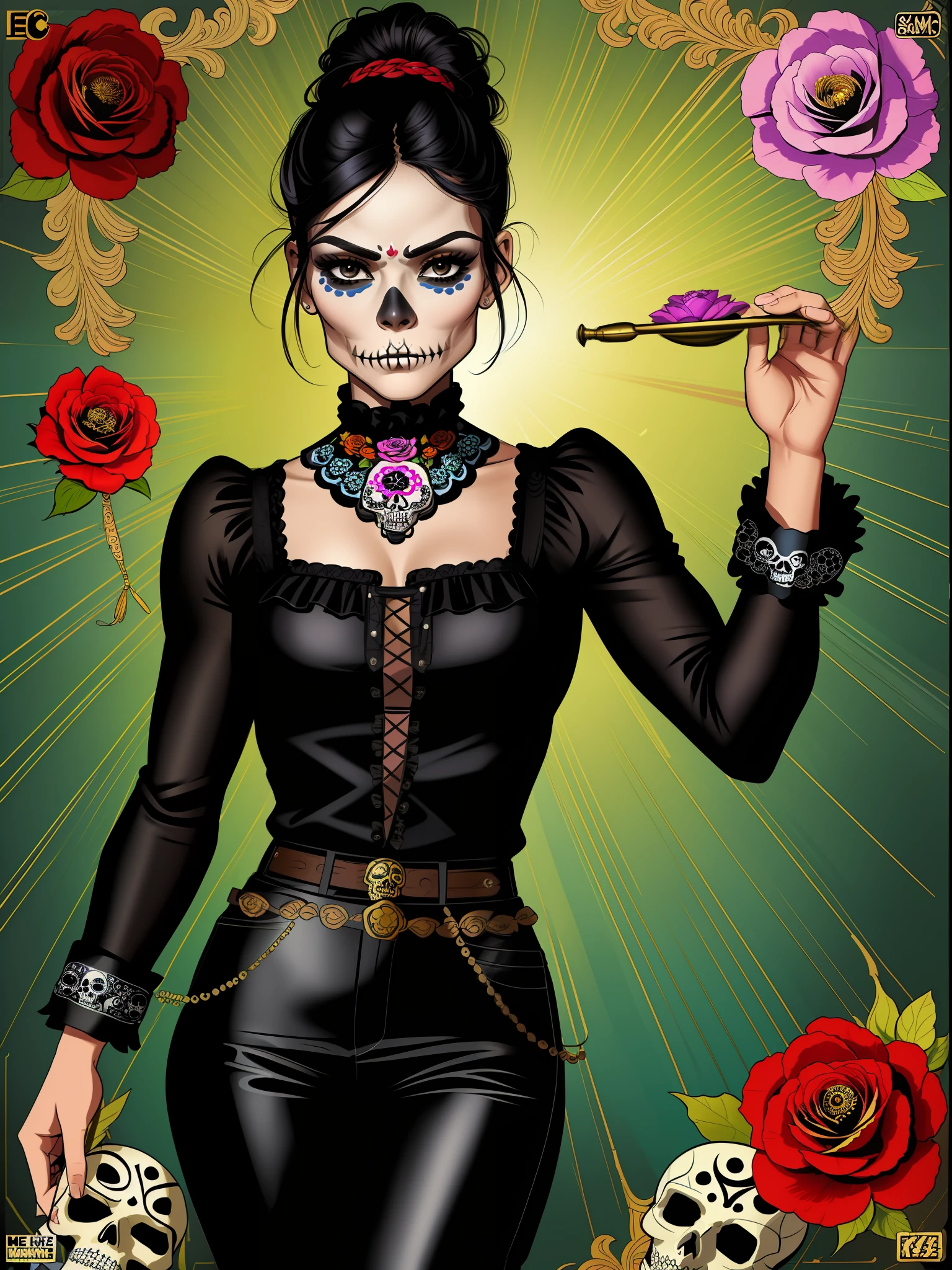 (comic style:1.3), (line art:1.5), (full body),(masterpiece, award winning, best quality:1.3), (solo), 1 beautiful Mexican woman (calavera, sugar skull makeup), casting a spell, black hair (updo) with flowers in hair, black eyes, wearing a black_blouse, red_pants, art by Jim lee, cinematic, masterpiece, , detailed background, detailed material textures, detailed face, realistic 1.35, muscular 1.2