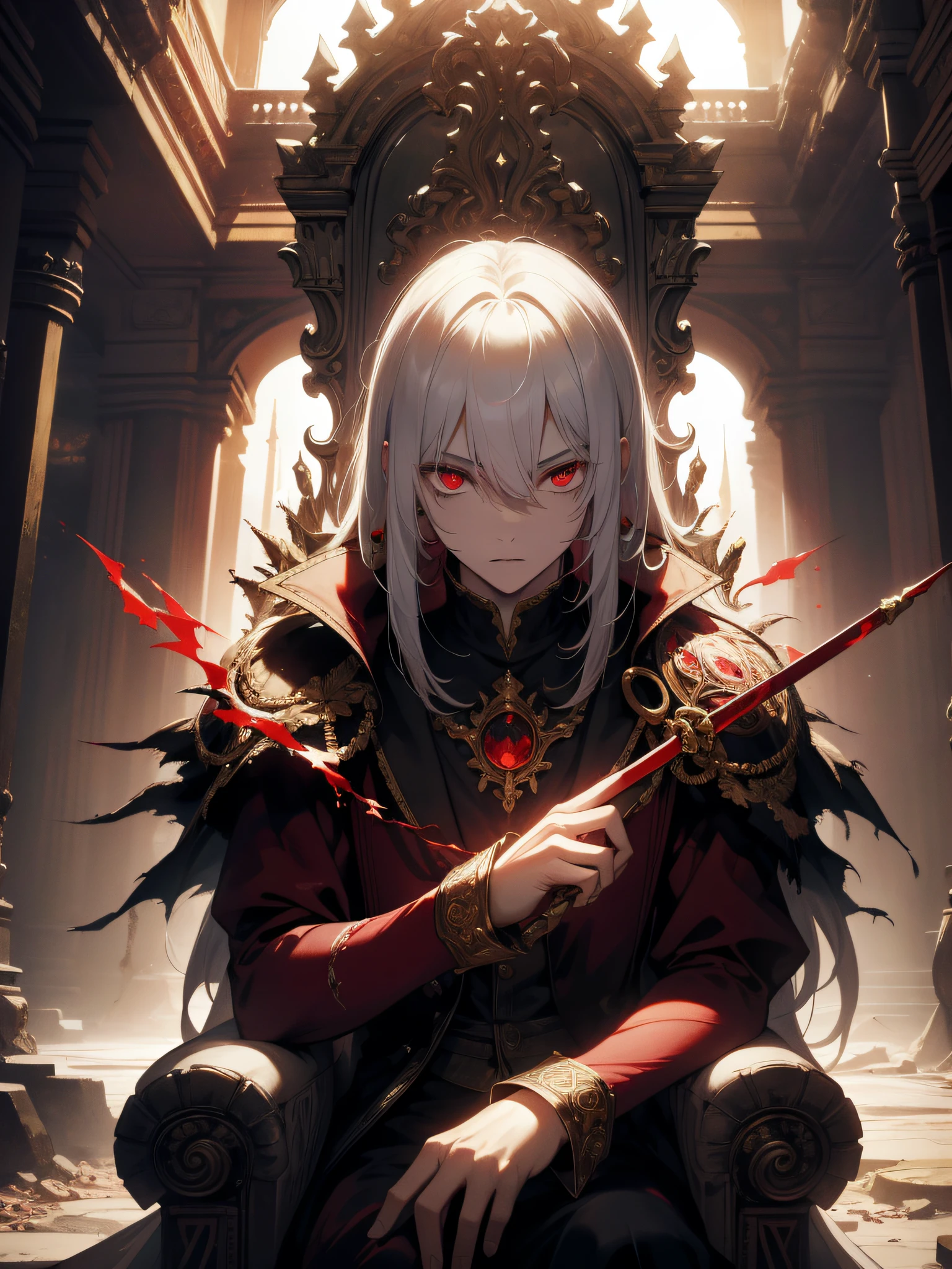 A white-haired, red-eyed prince sits on a majestic throne inside an abandoned palace. The environment around him is dark and gloomy, with cracks in the walls and cobwebs hanging there. The throne is ornate, with details in gold and precious stones, and is covered by a dusty cloth. The protagonist is wearing royal clothing, with a determined expression on his face, as he stares at the horizon with glowing red eyes, masterpiece, best quality, ultra-detailed, illustration, 8k resolution concept art, fantasy art, epic art, concept art wallpaper 4k, deep color, natural lighting