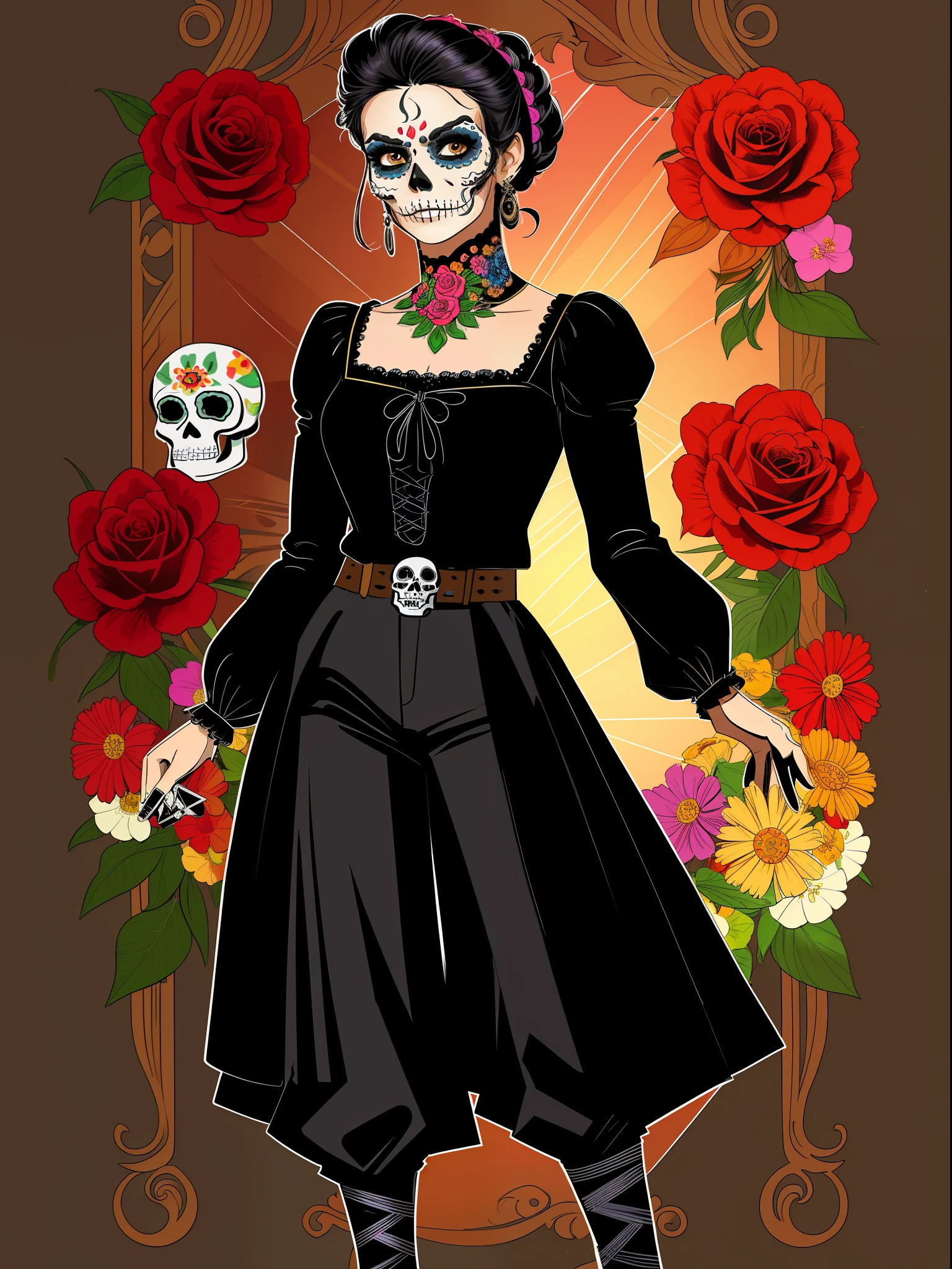 (comic style:1.3), (line art:1.5), (full body),(masterpiece, award winning, best quality:1.3), (solo), 1 beautiful Mexican woman (calavera, sugar skull makeup), casting a spell, black hair (updo) with flowers in hair, black eyes, wearing a black_blouse, red_pants, art by Jim lee, cinematic, masterpiece, , detailed background, detailed material textures, detailed face, realistic 1.35, muscular 1.2